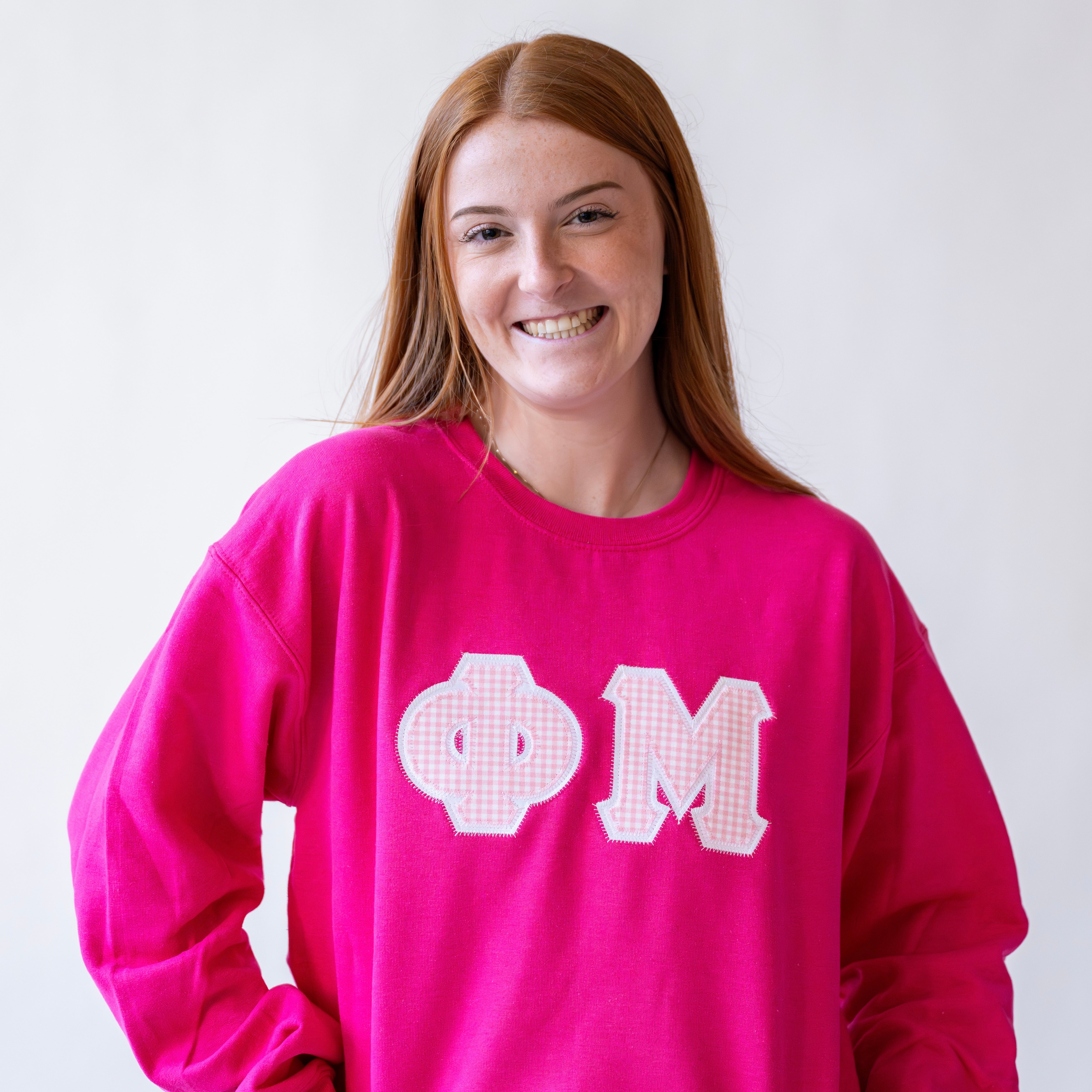 Light Pink Gingham Greek Letter Crewneck Sweatshirt - Phi Mu