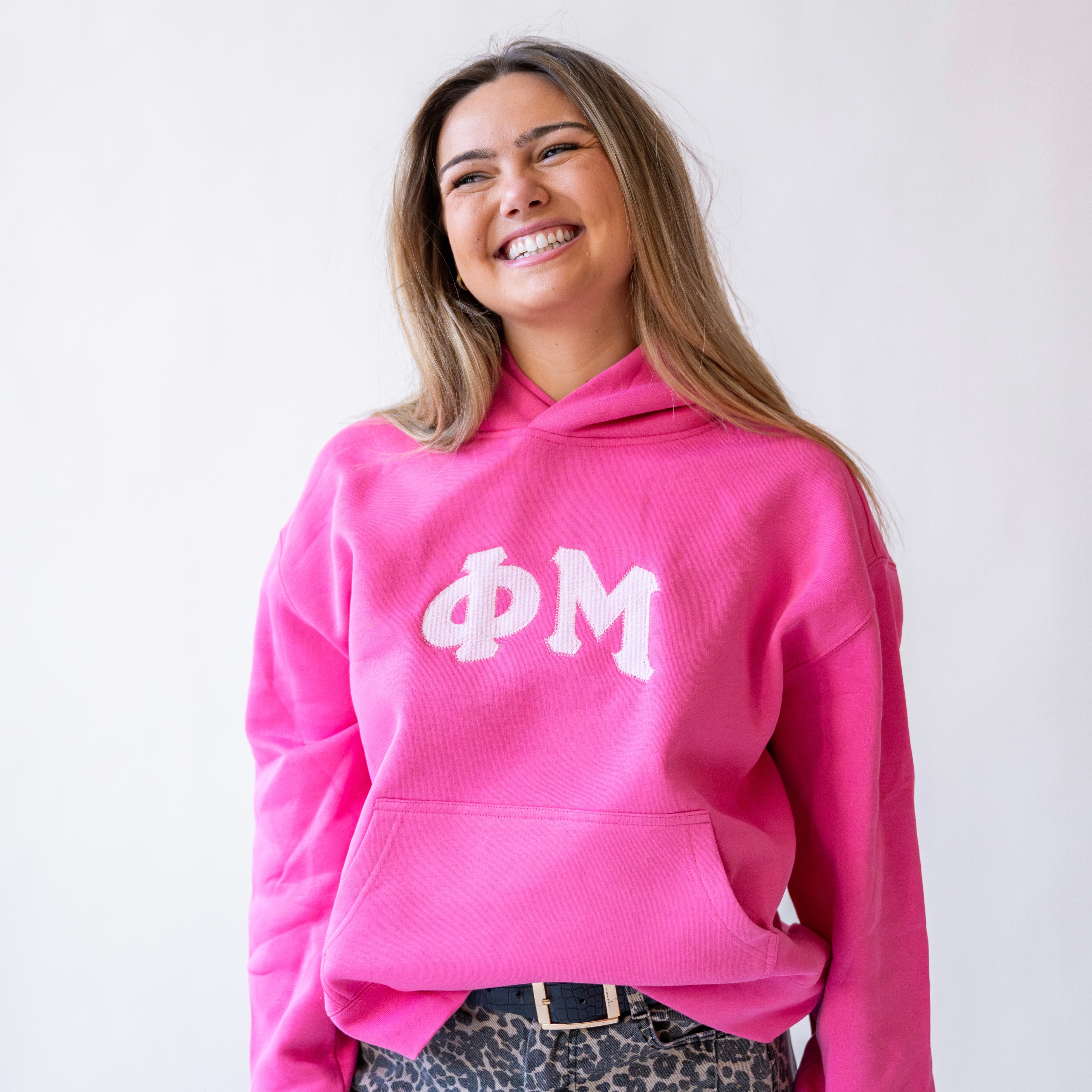 That Girl Curved Light Pink Seersucker Embroidered Hoodie Sweatshirt