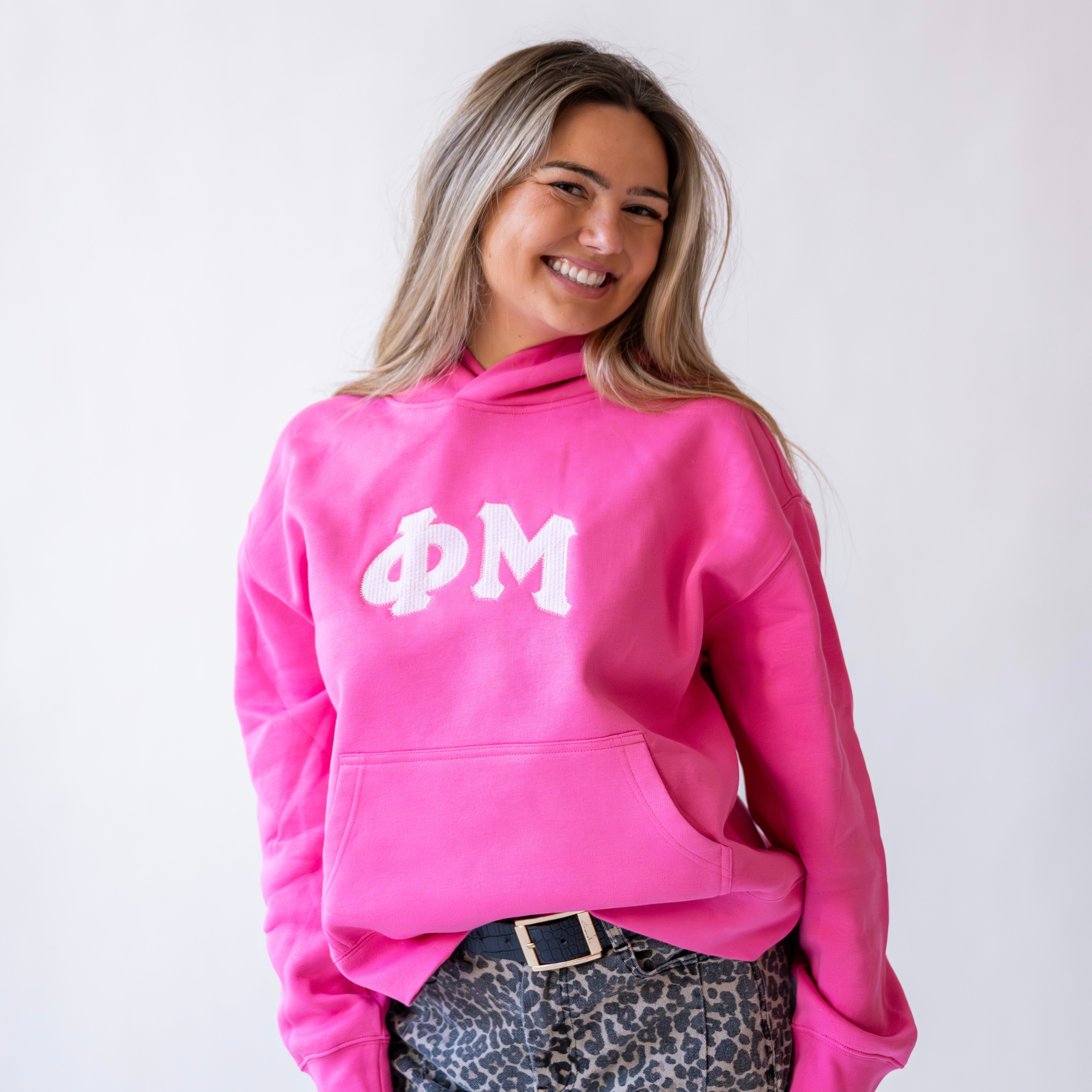 That Girl Curved Light Pink Seersucker Embroidered Hoodie Sweatshirt