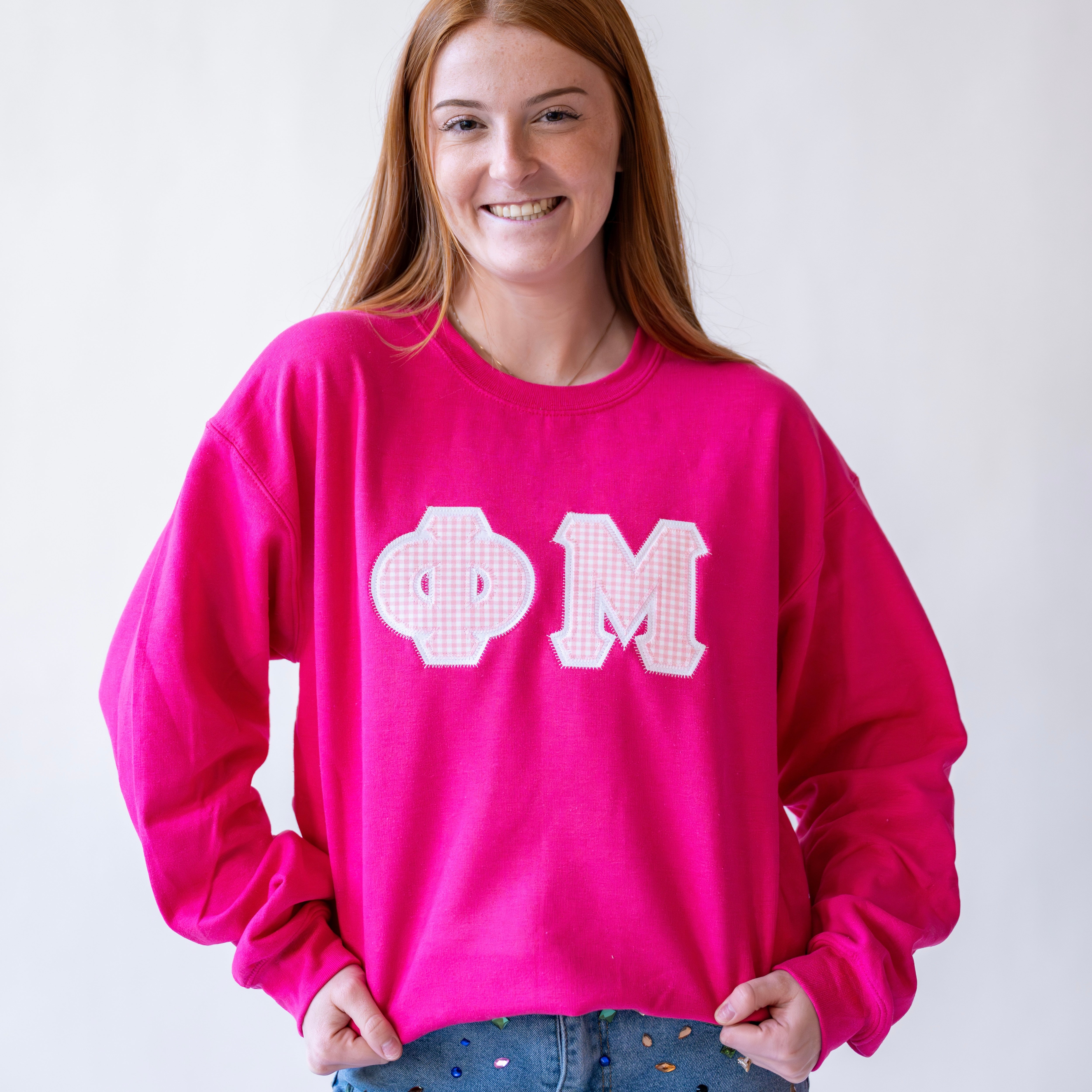 Light Pink Gingham Greek Letter Crewneck Sweatshirt