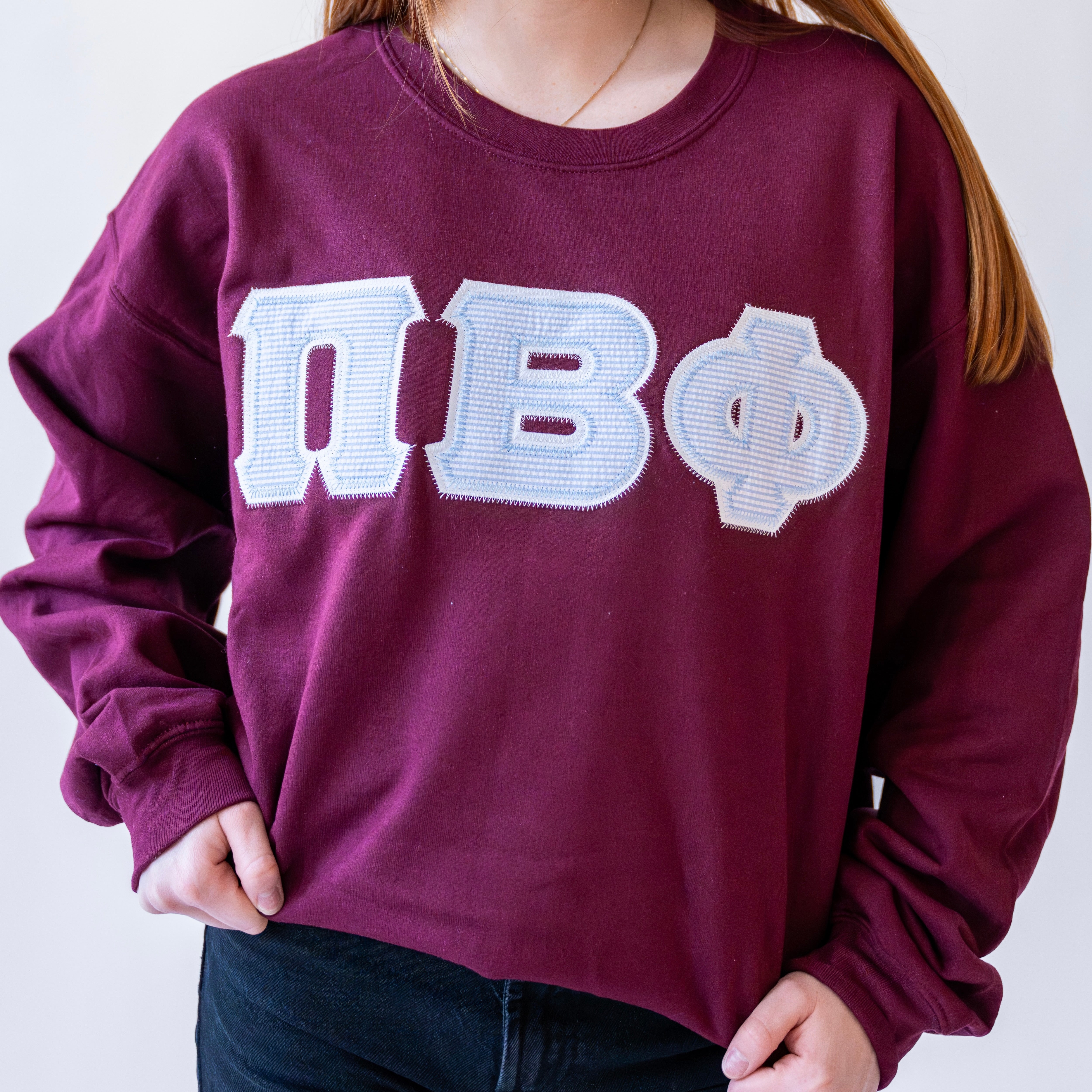 Light Blue Seersucker Greek Letter Crewneck Sweatshirt - Pi Beta Phi