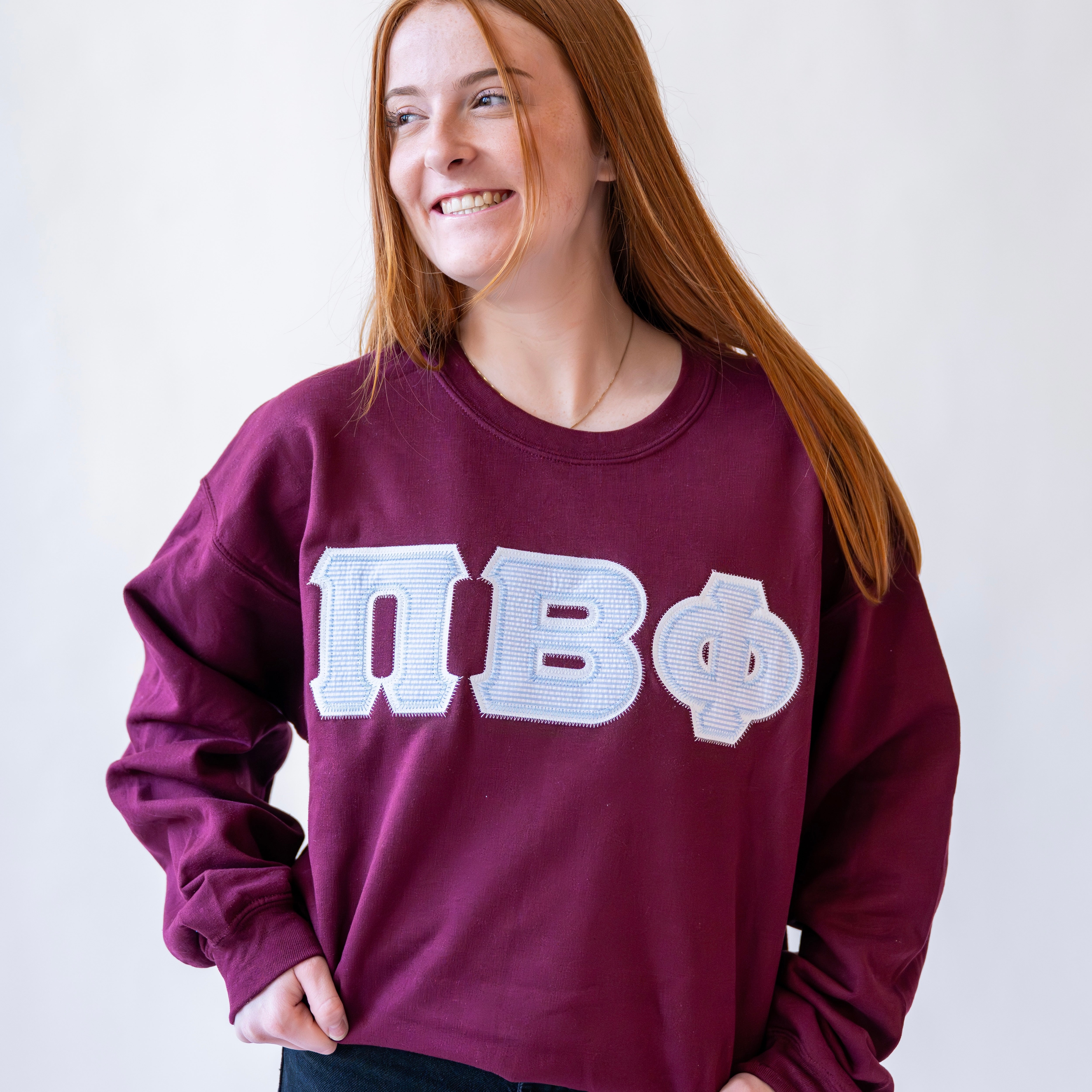 Light Blue Seersucker Greek Letter Crewneck Sweatshirt - Pi Beta Phi