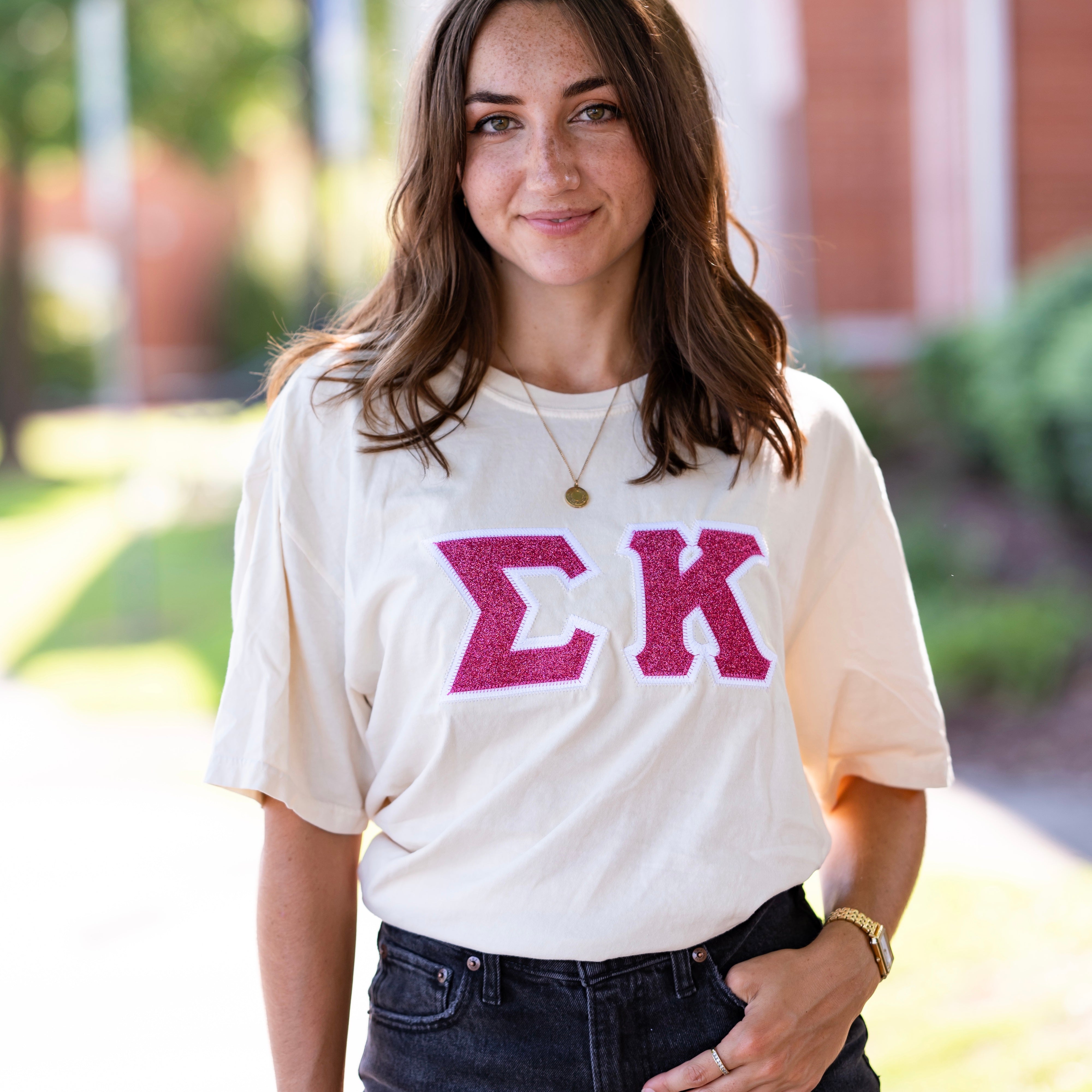 Pink Glitter Greek Letter Shirt - Sigma Kappa