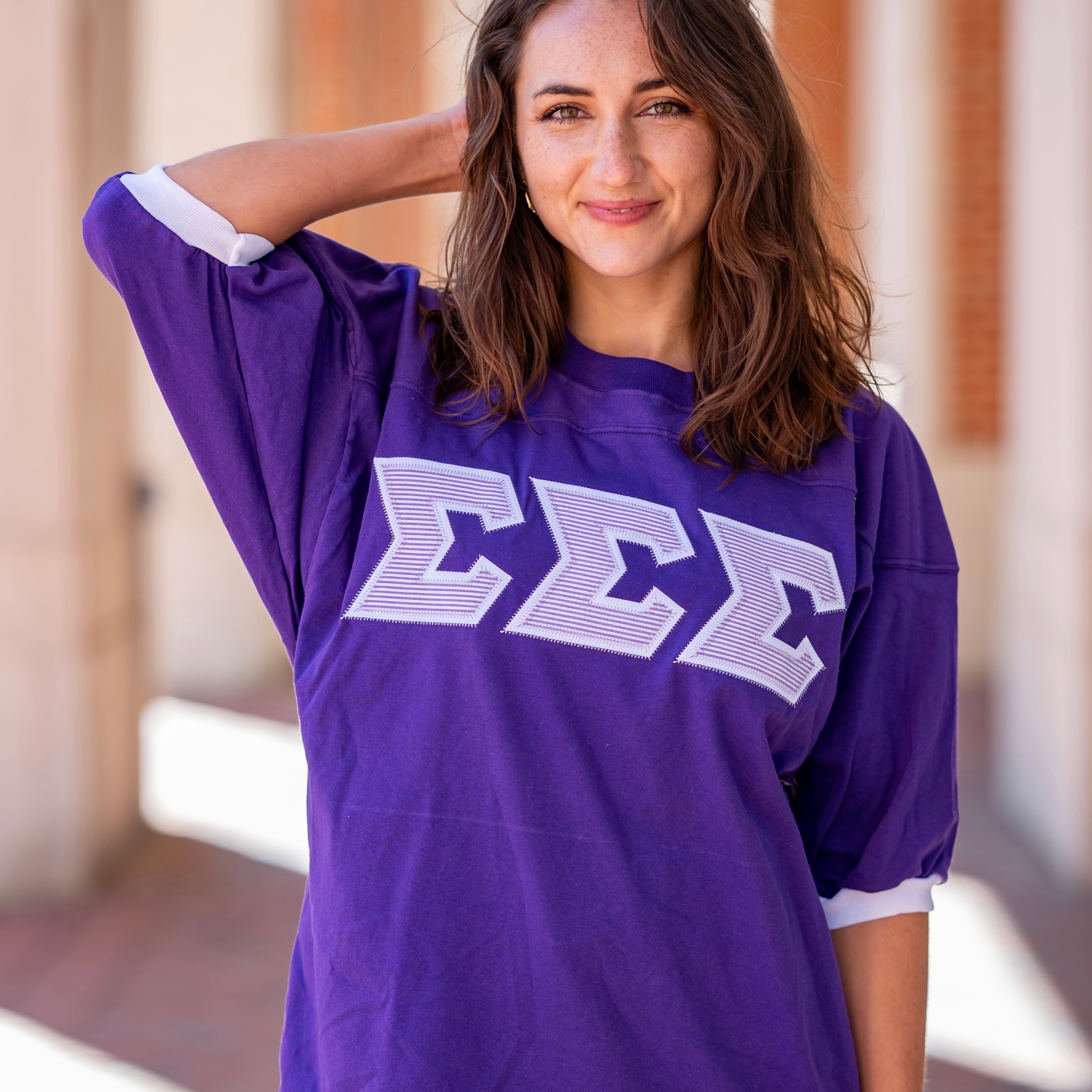 Purple Seersucker Greek Letter Crew Neck Jersey