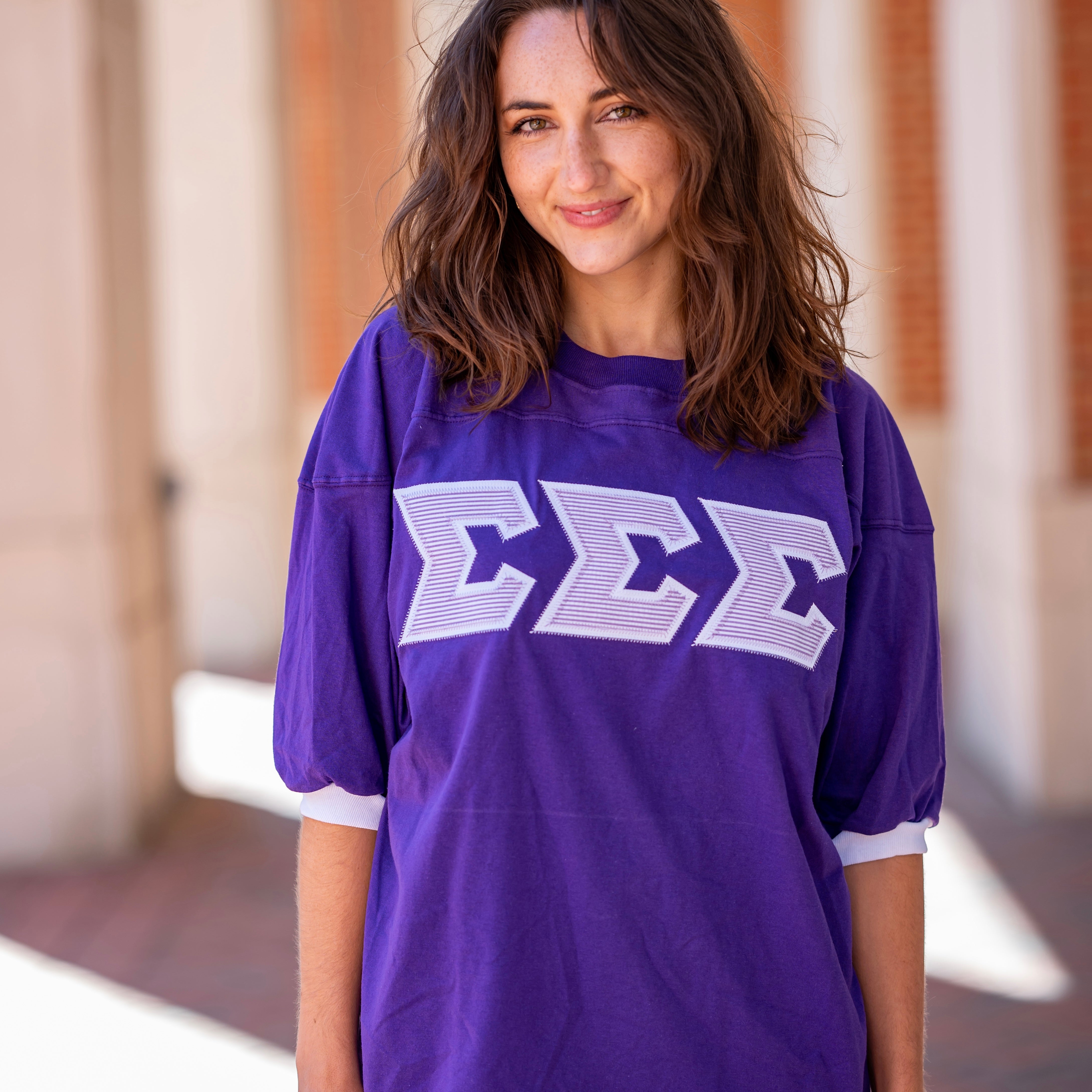 Purple Seersucker Greek Letter Crew Neck Jersey