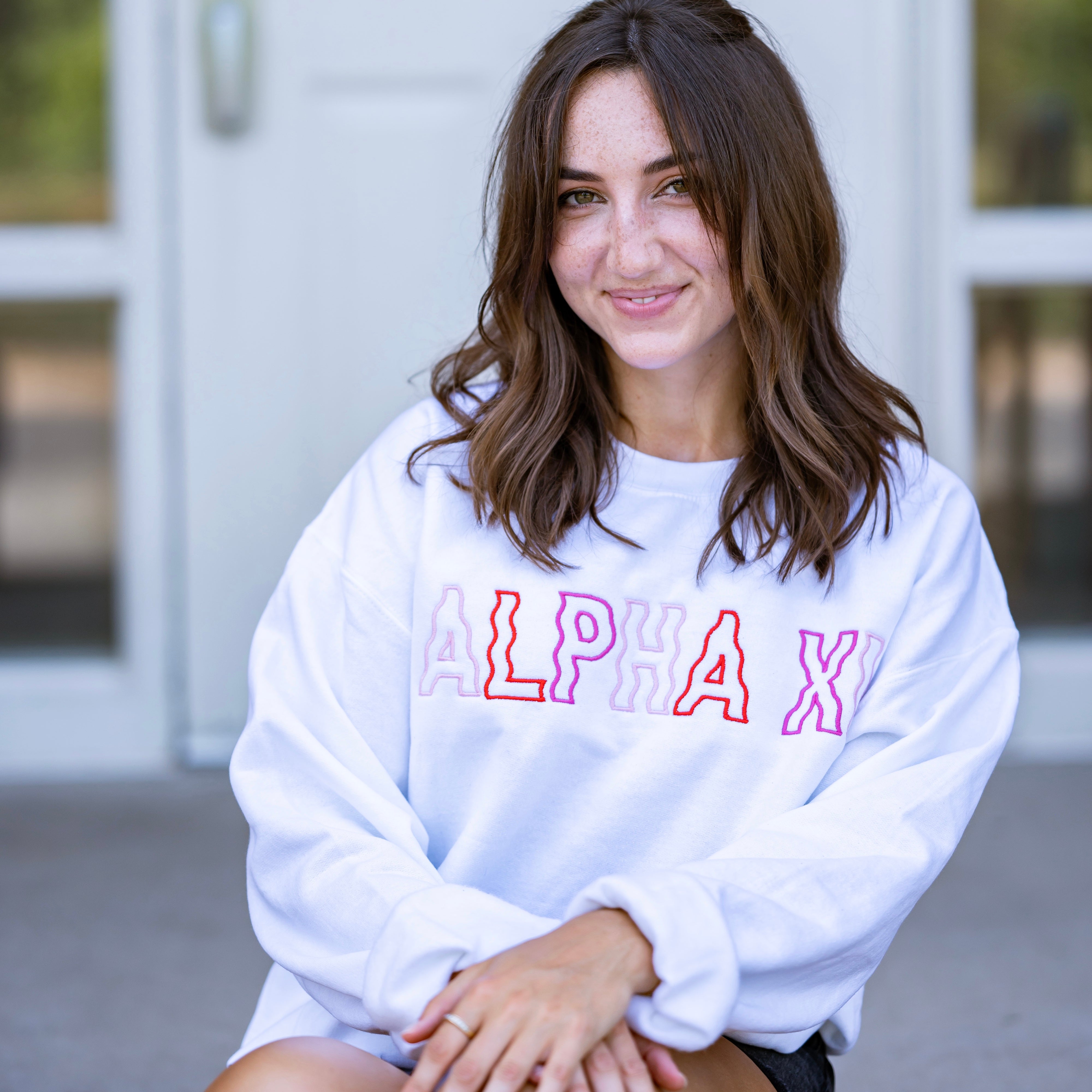 Red & Pink Groovy Wavy Embroidered Crewneck Sweatshirt