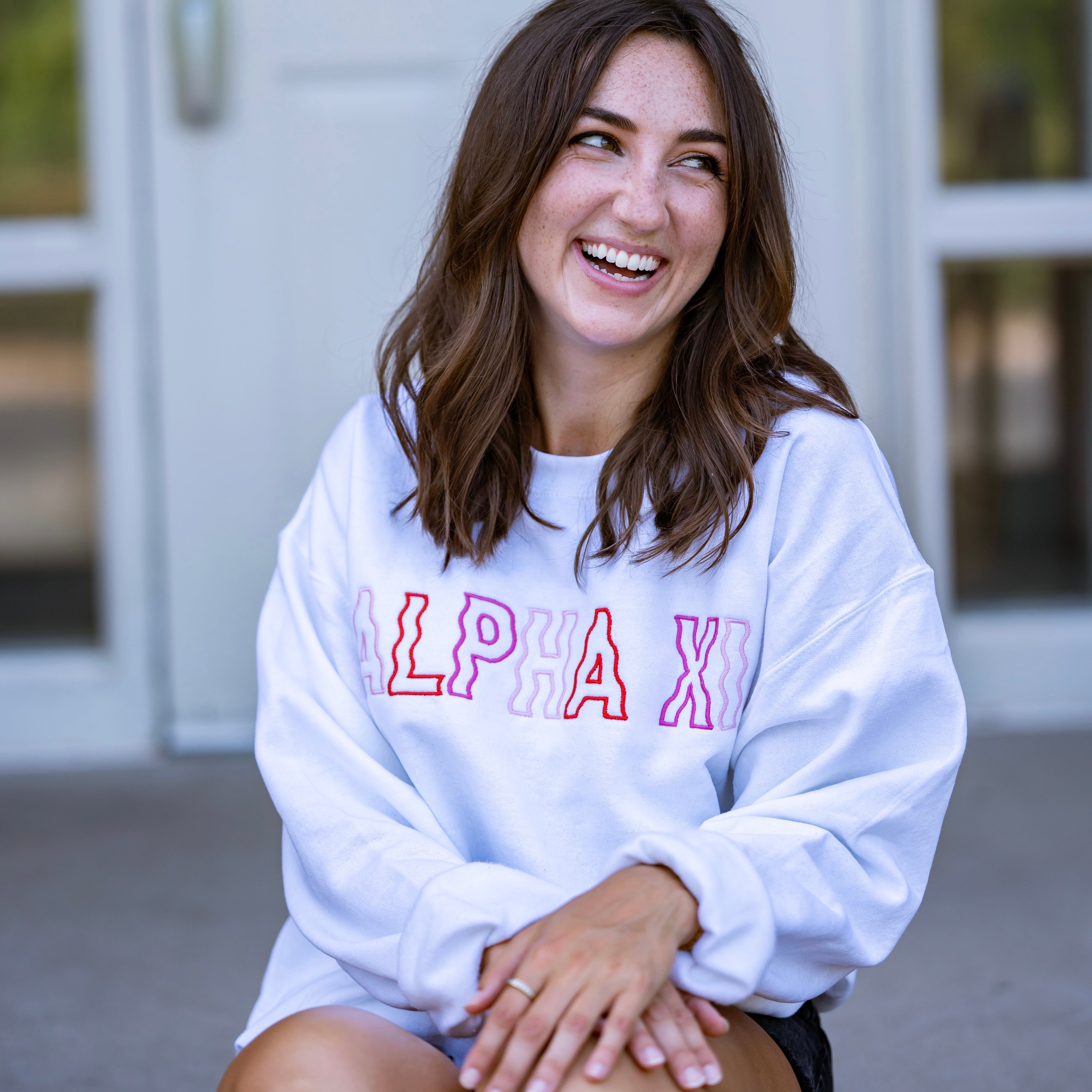 Red & Pink Groovy Wavy Embroidered Crewneck Sweatshirt