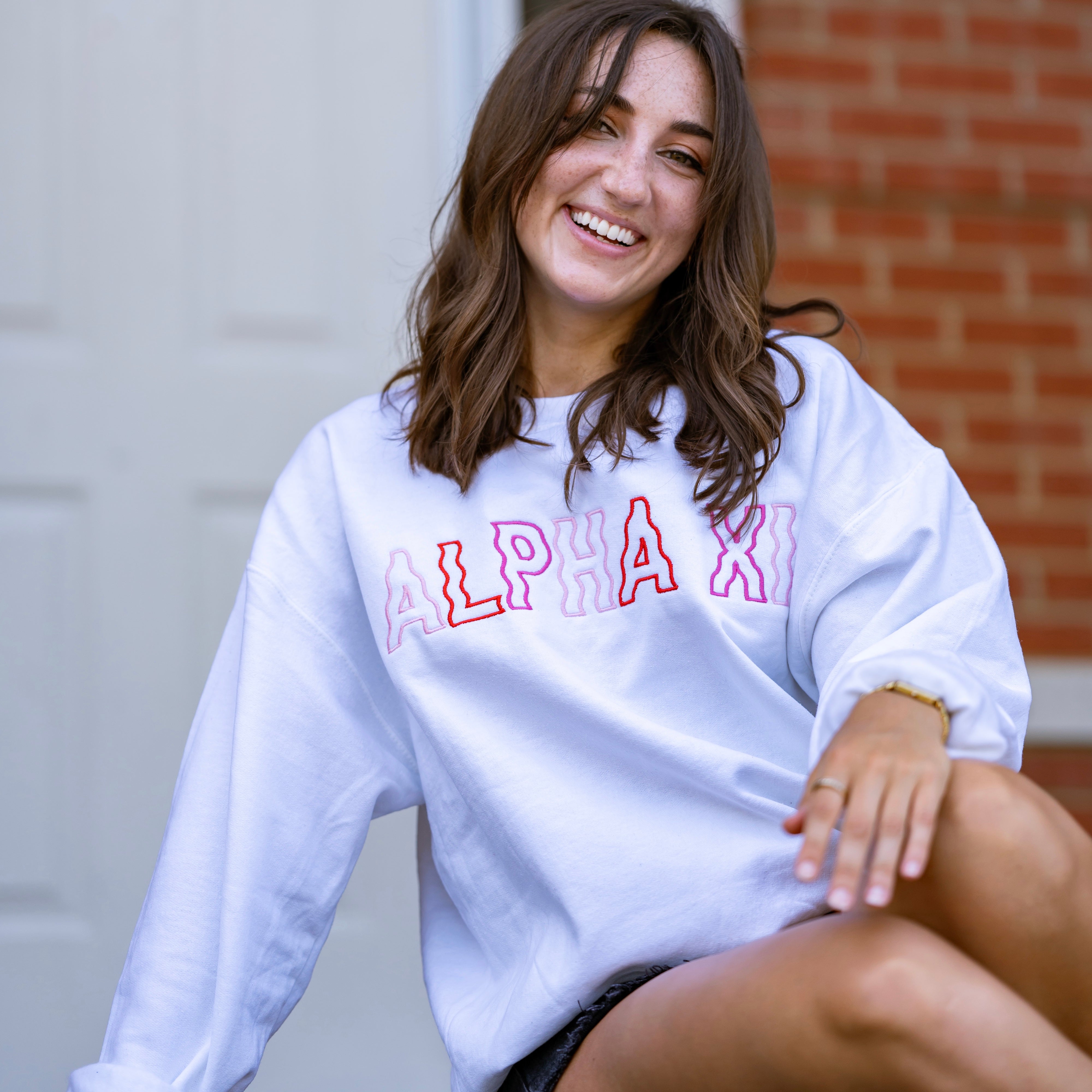 Red & Pink Groovy Wavy Embroidered Crewneck Sweatshirt