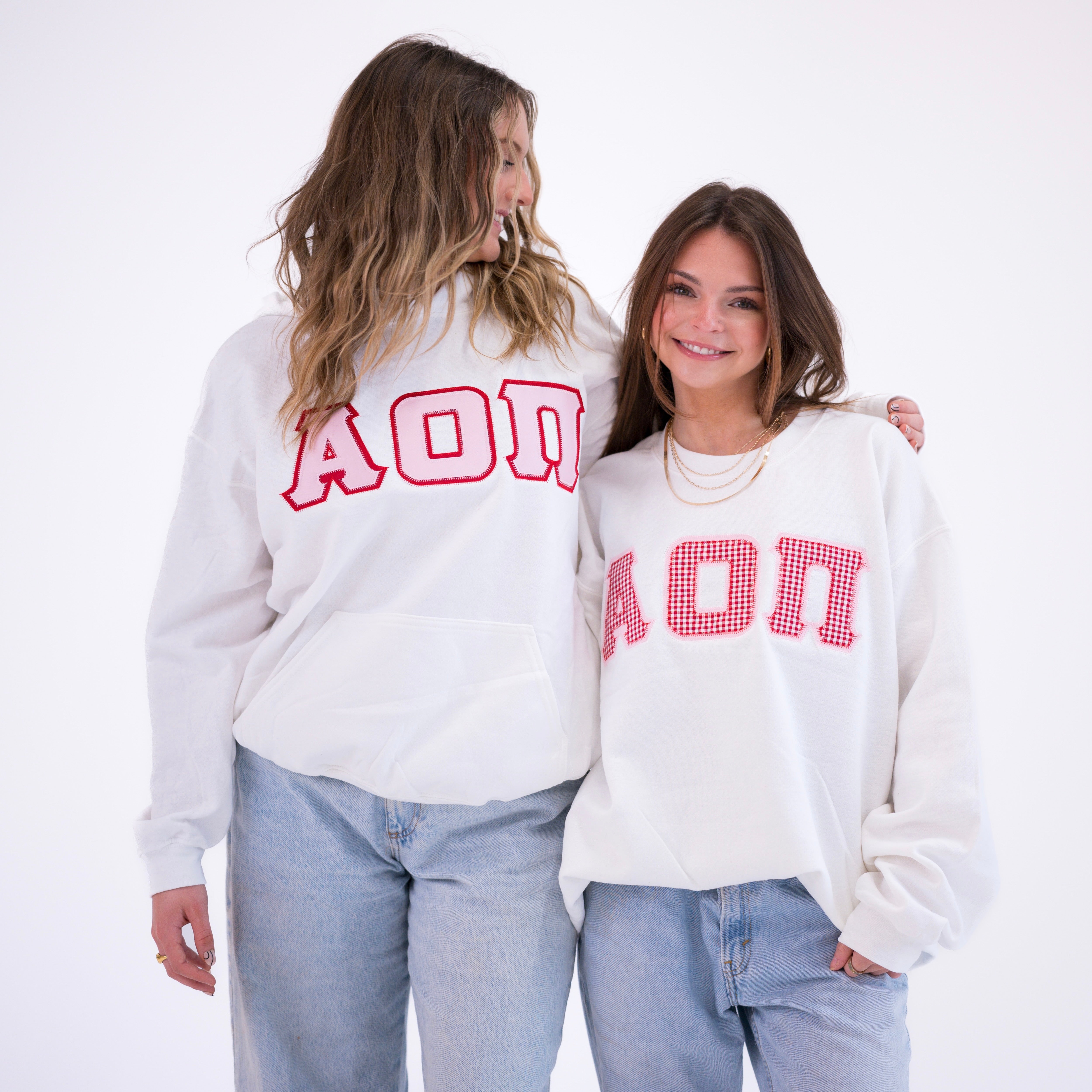 Red Gingham Greek Letter Crewneck Sweatshirt - Alpha Omicron Pi