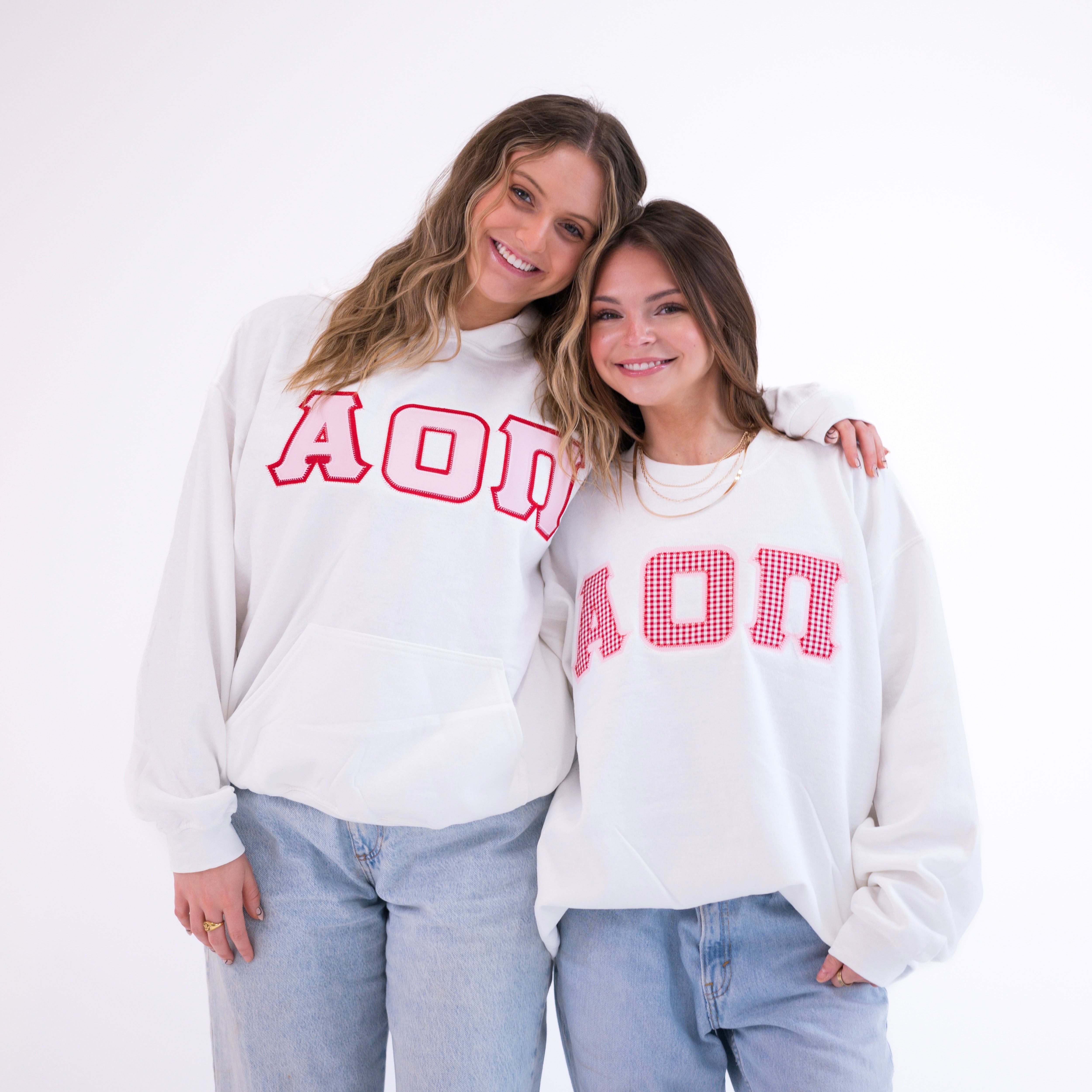 Red Gingham Greek Letter Crewneck Sweatshirt - Alpha Omicron Pi