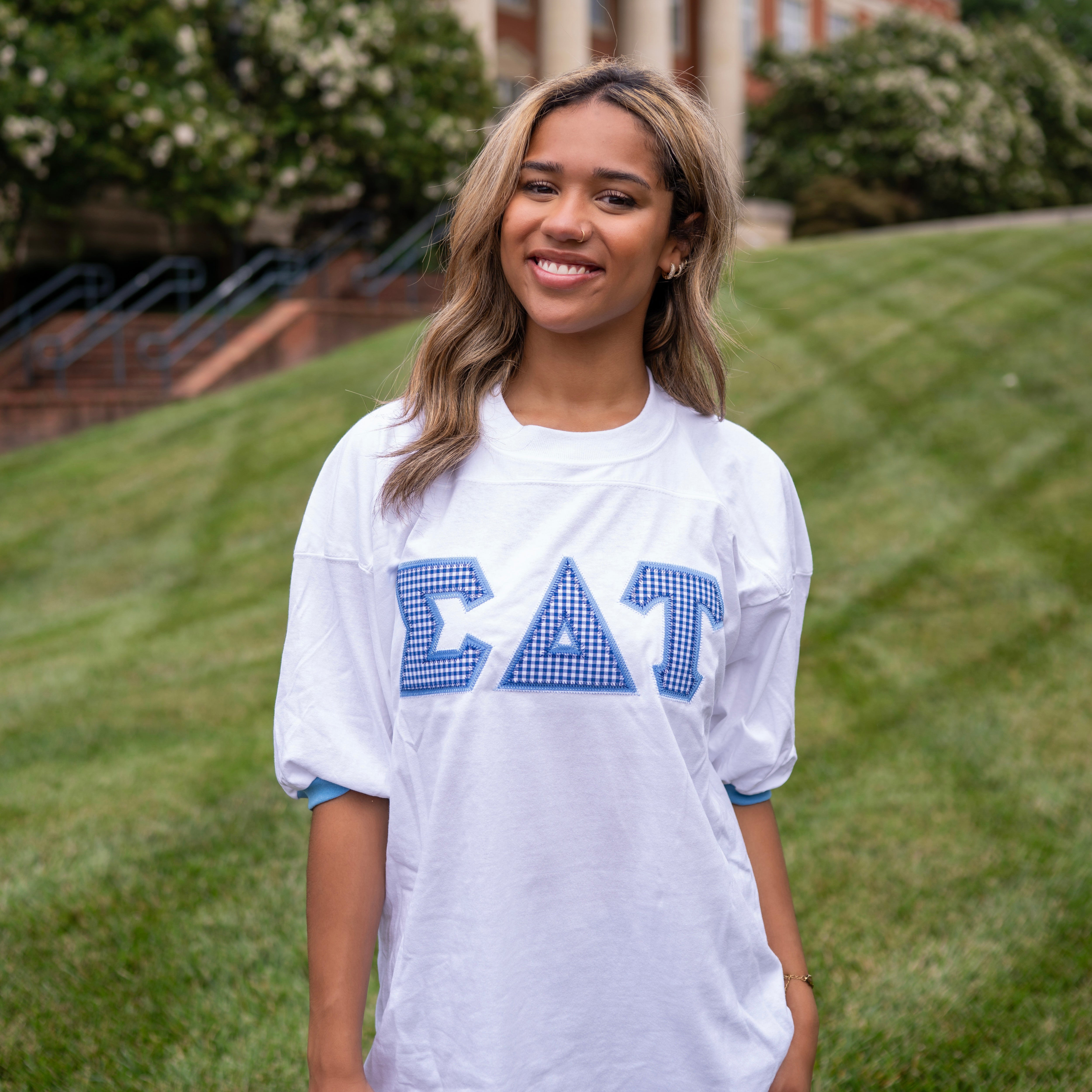 Dark Blue Gingham Greek Letter Crew Neck Jersey