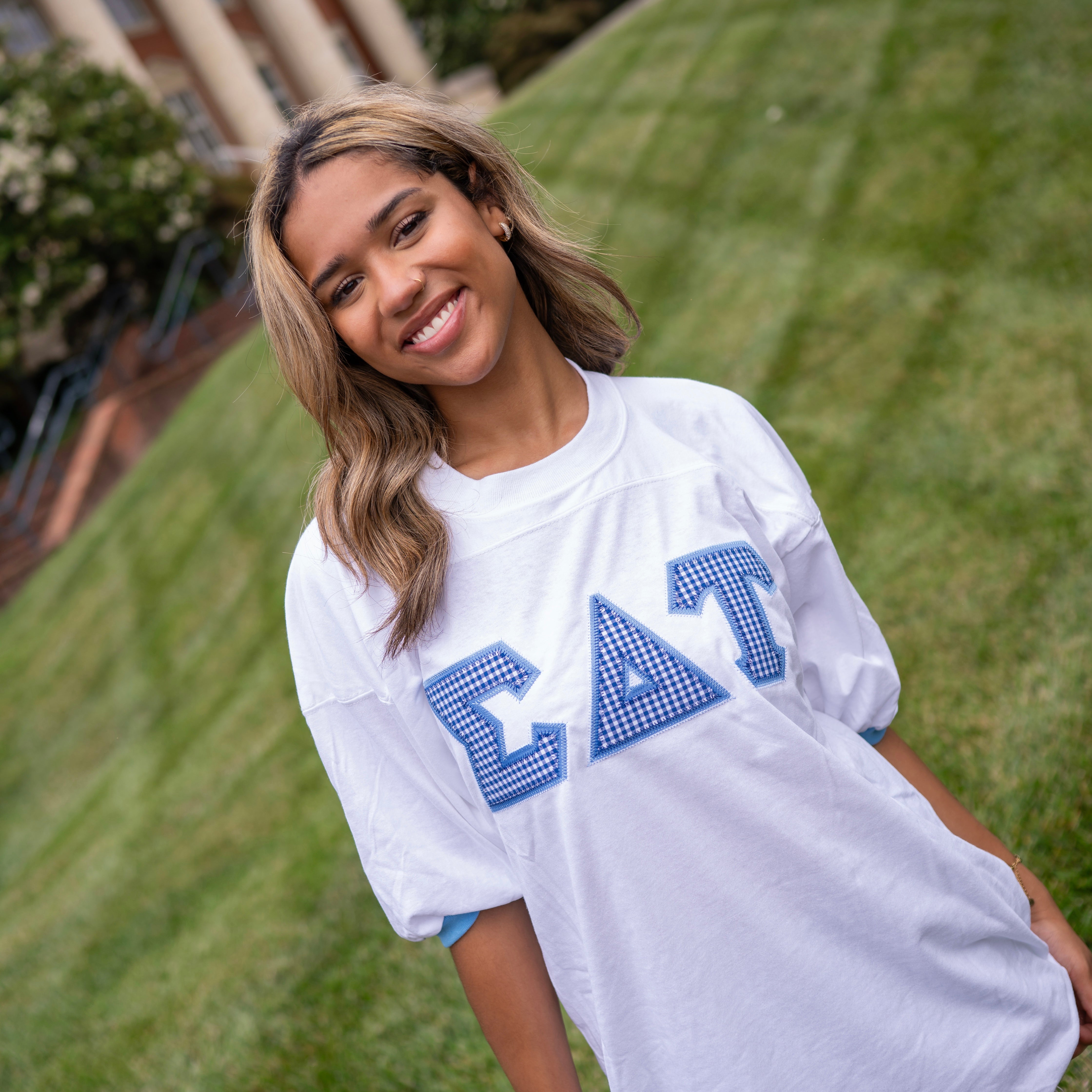 Dark Blue Gingham Greek Letter Crew Neck Jersey