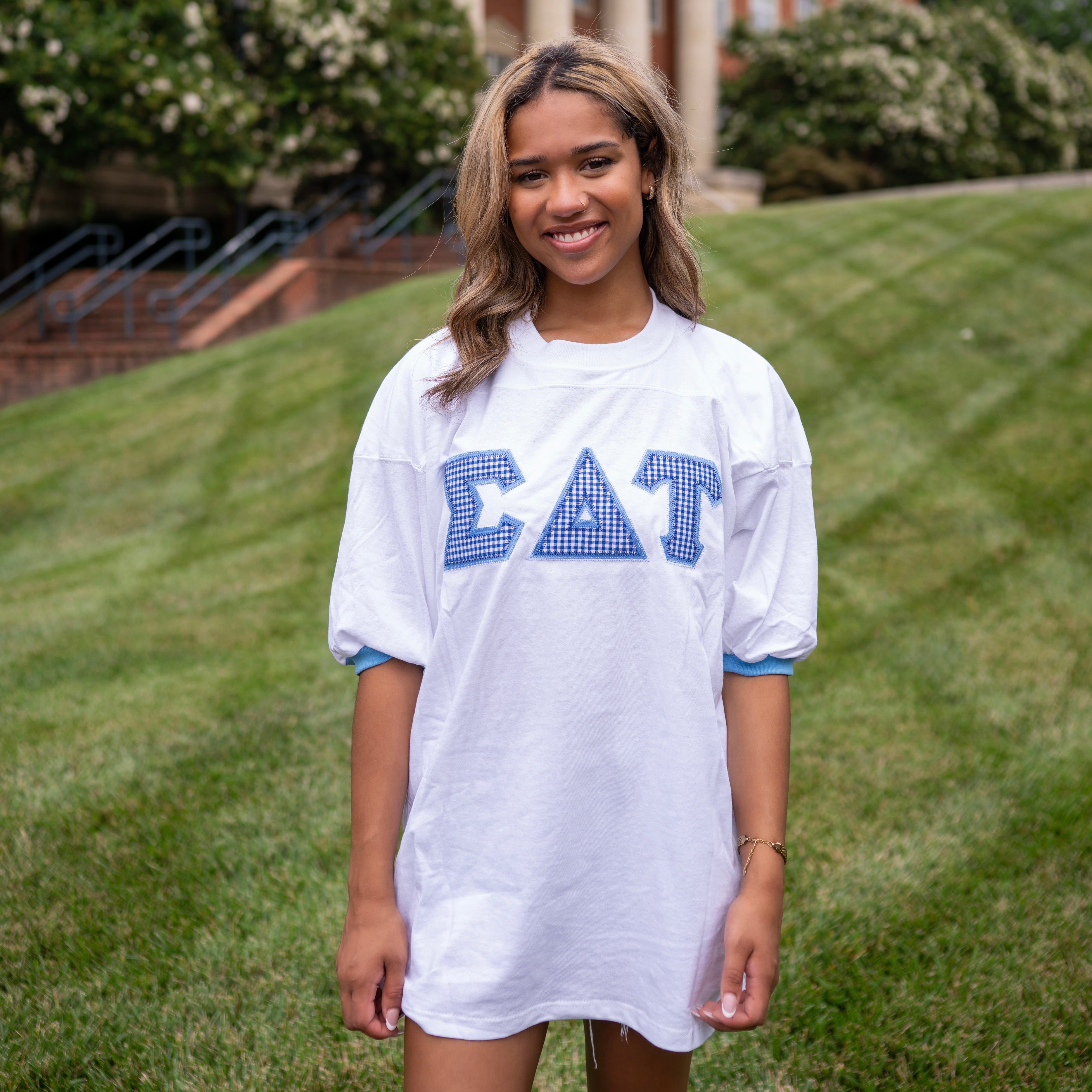 Dark Blue Gingham Greek Letter Crew Neck Jersey