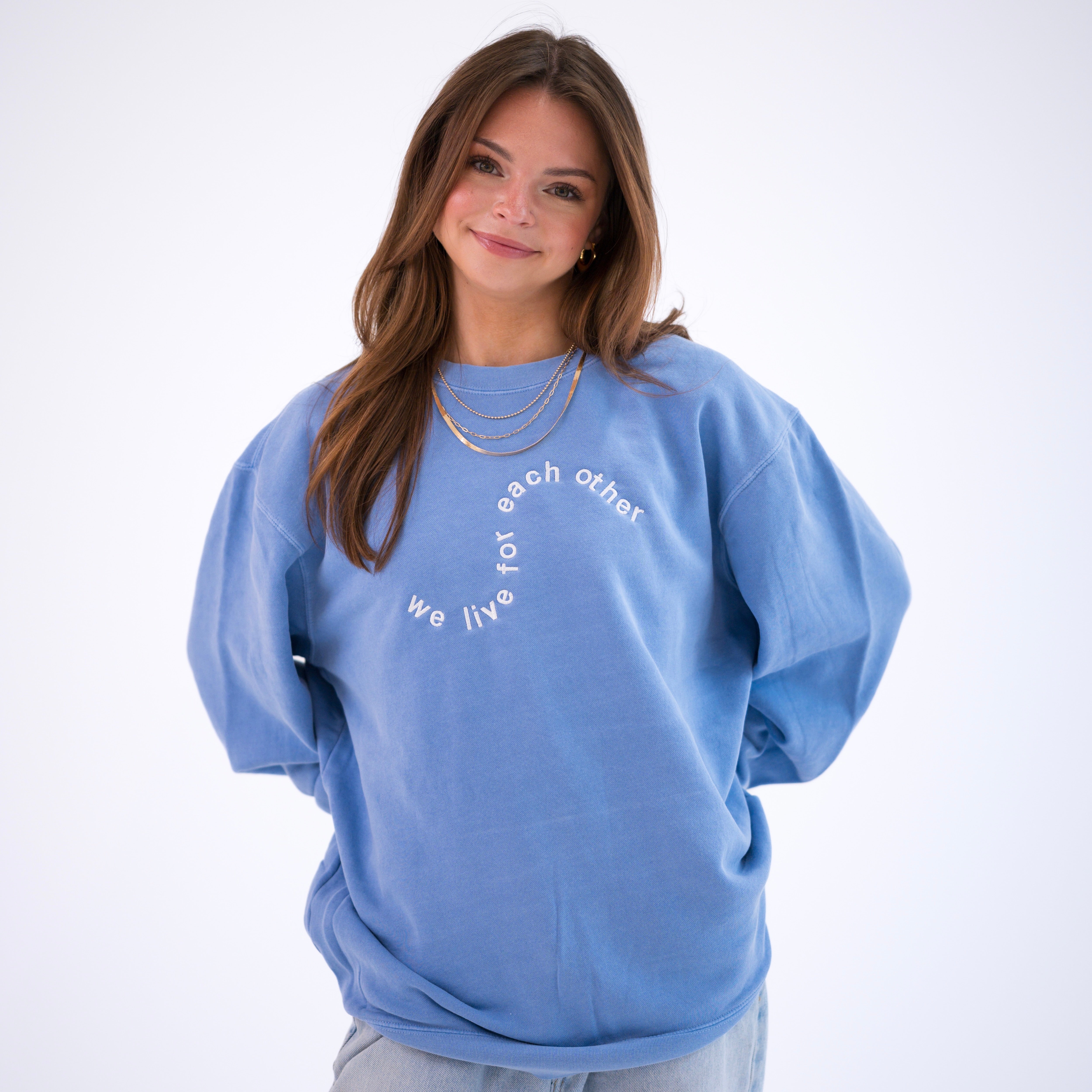 Swirly Motto  'We Live For Each Other' Crewneck Sweatshirt - Alpha Delta Pi