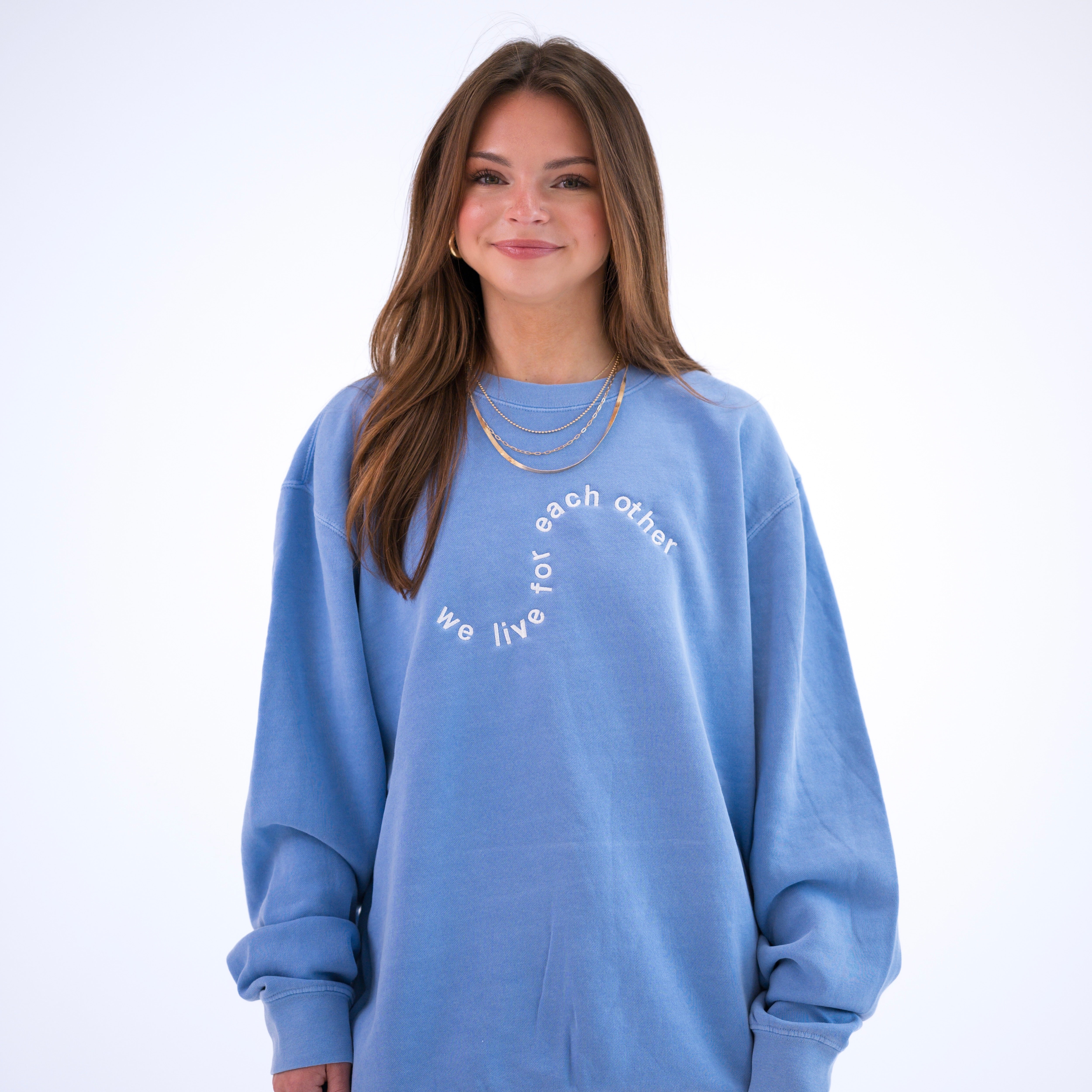 Swirly Motto  'We Live For Each Other' Crewneck Sweatshirt - Alpha Delta Pi