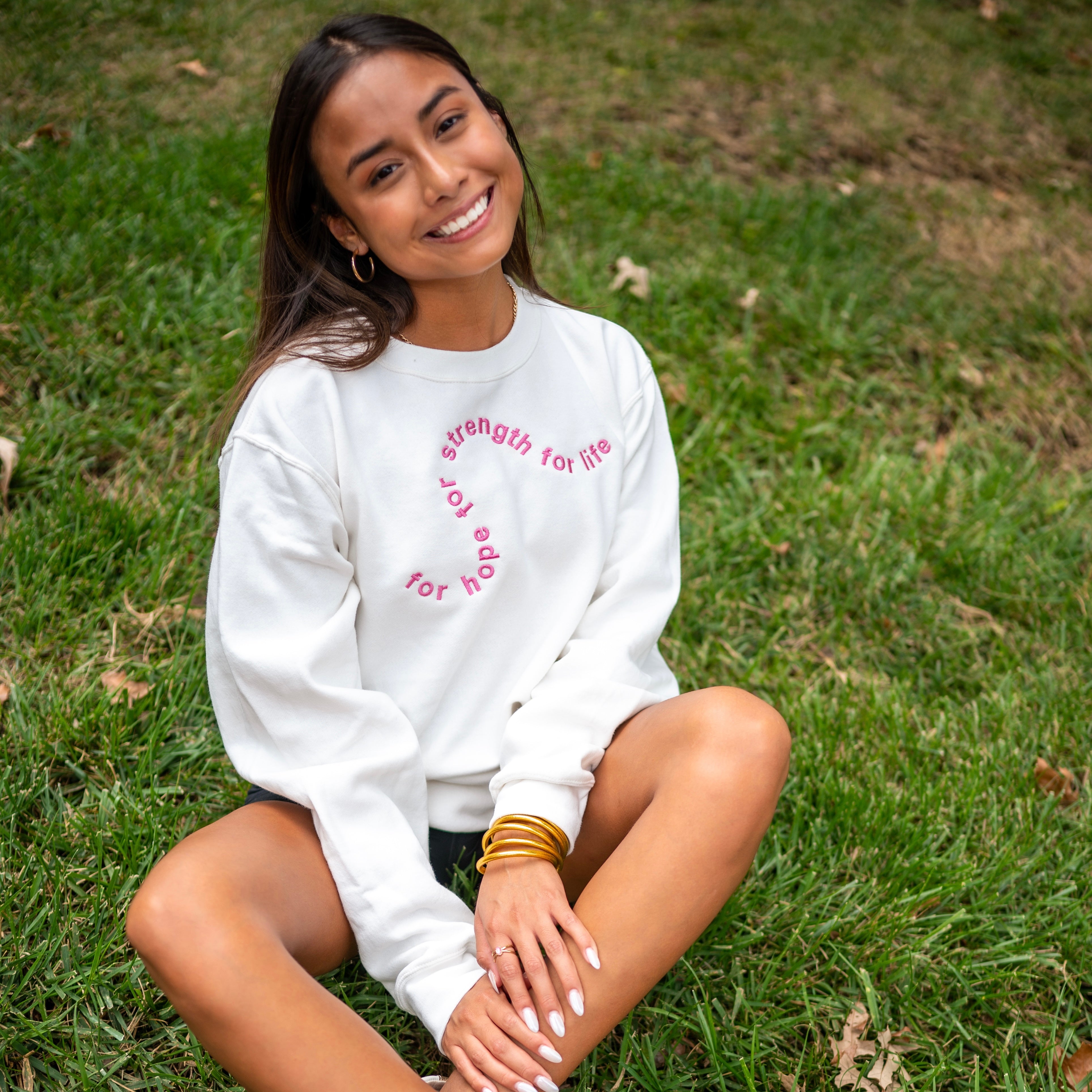 Swirly Motto "For Hope For Strength For Life" Crewneck Sweatshirt (Delta Gamma)