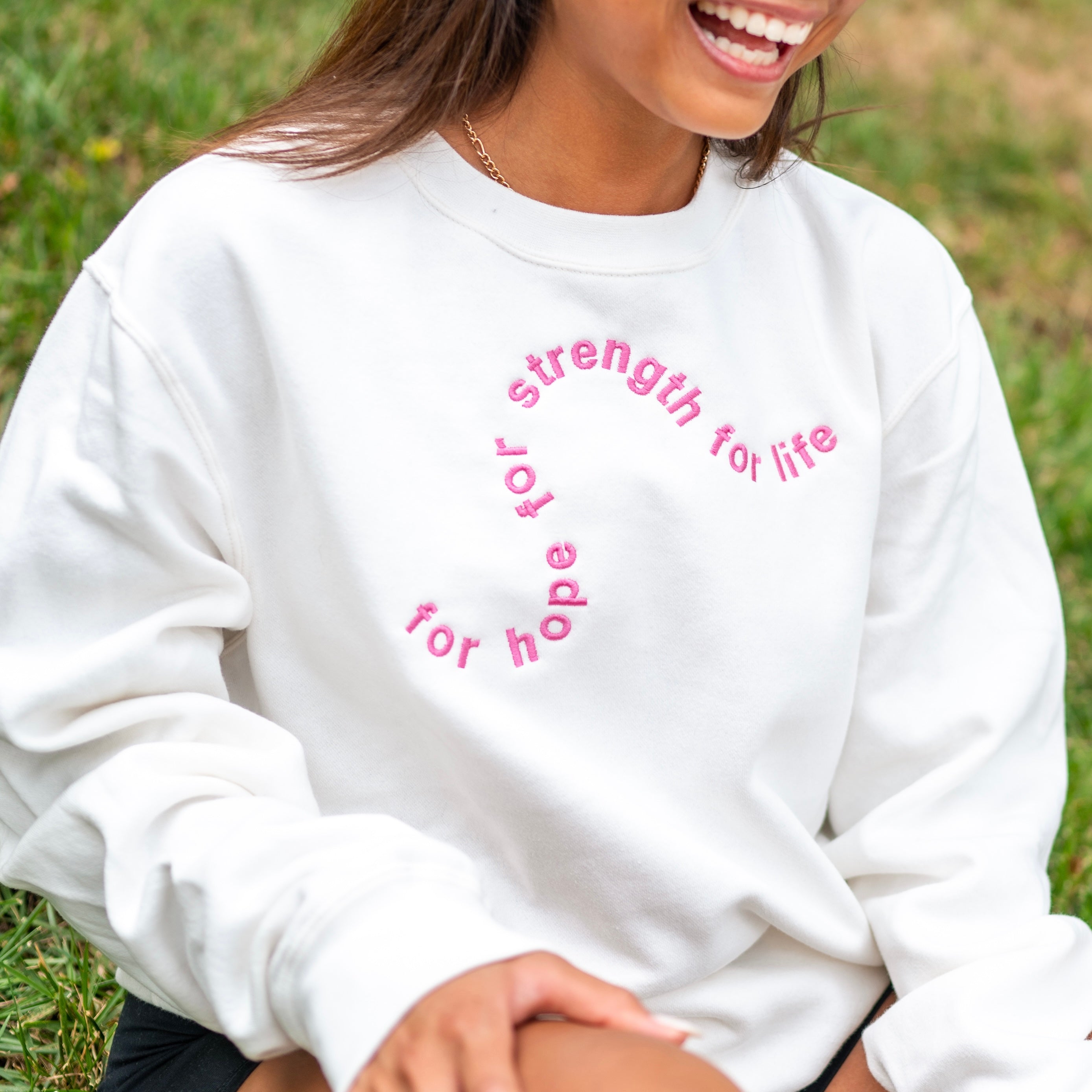 Swirly Motto "For Hope For Strength For Life" Crewneck Sweatshirt (Delta Gamma) (M)