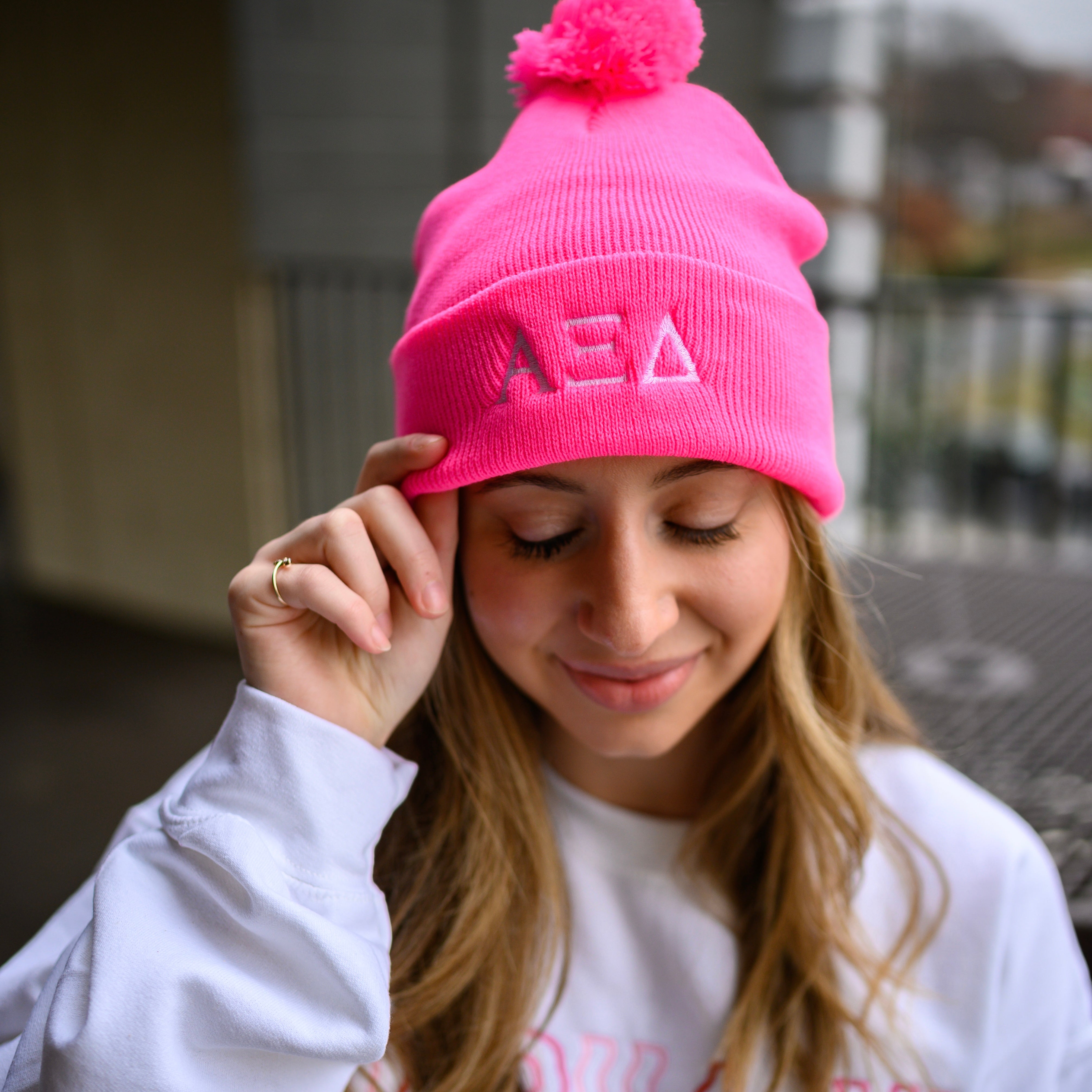 Alpha Xi Delta Sorority Greek Letter Embroidered Pom Pom Beanie Hat