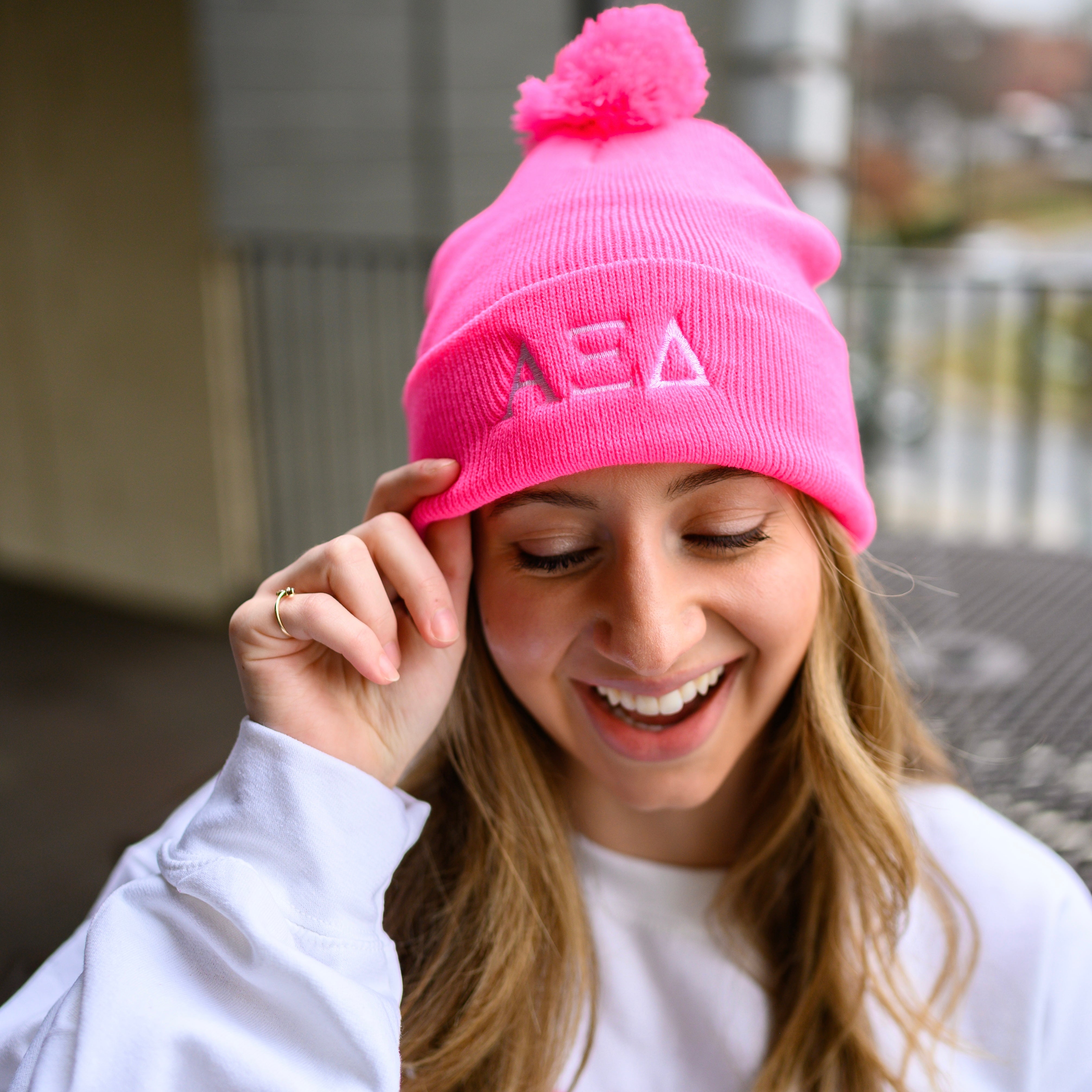 Alpha Xi Delta Sorority Greek Letter Embroidered Pom Pom Beanie Hat