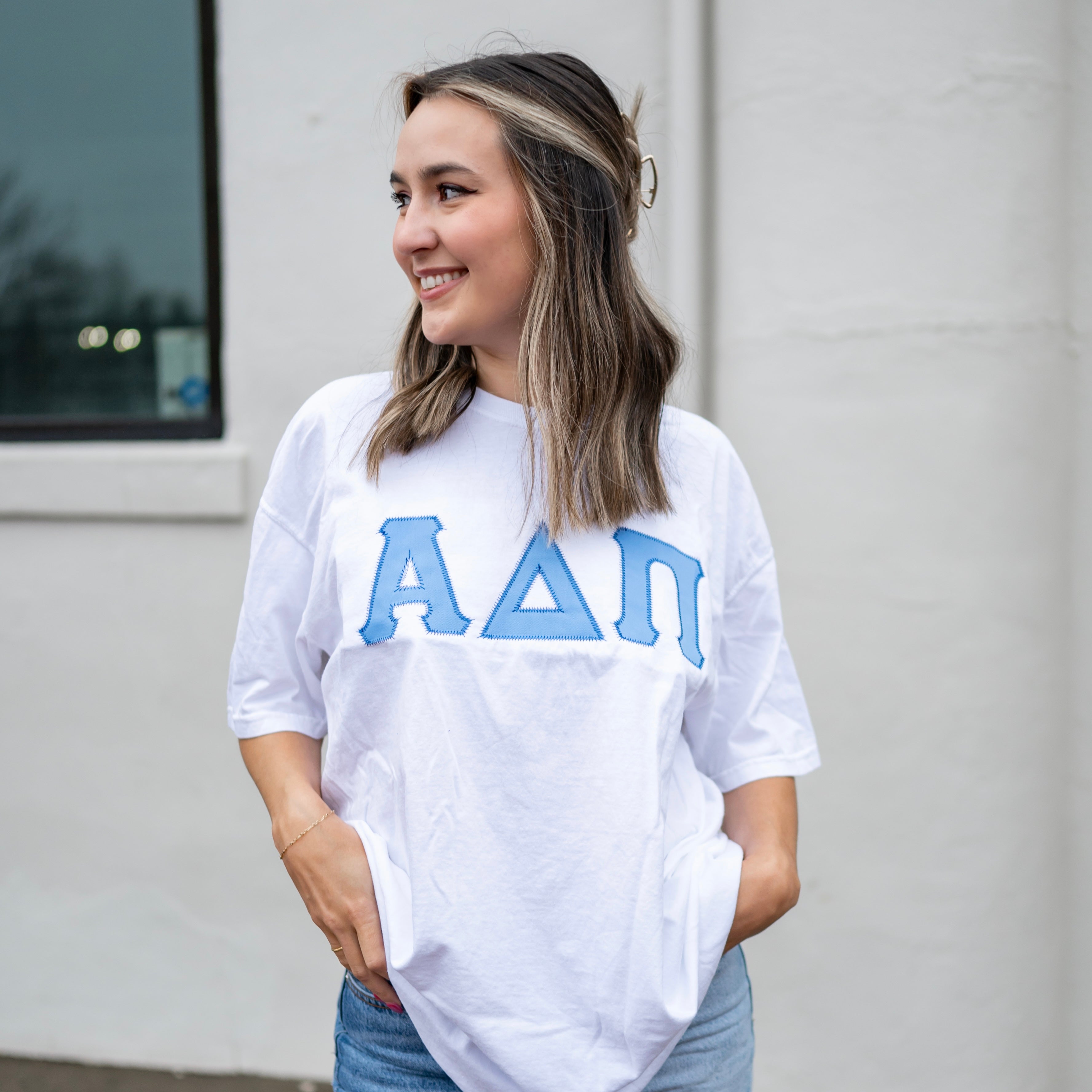 Custom Stitched Alpha Delta Pi Sorority Greek Letter Shirt