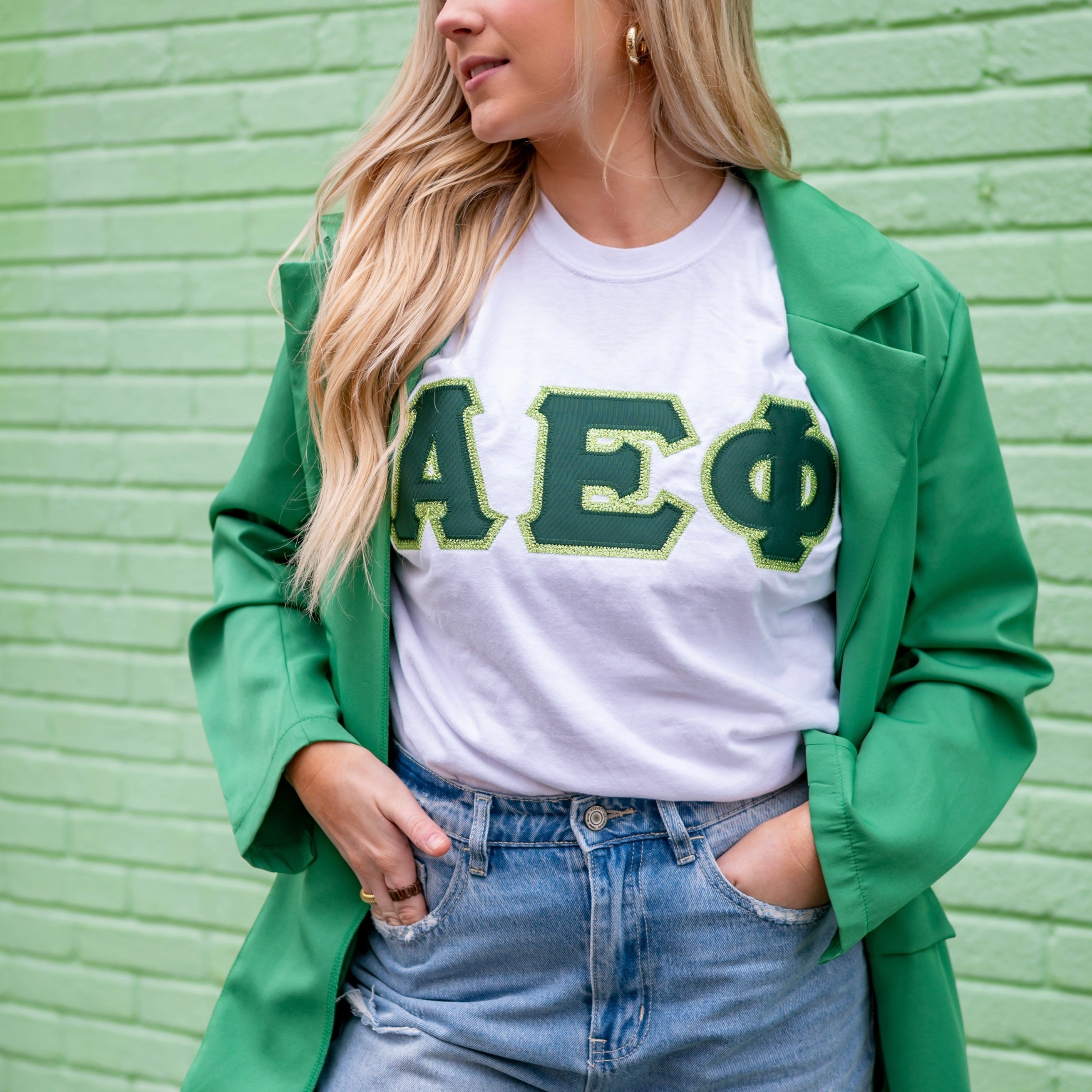 Custom Stitched Alpha Epsilon Phi Sorority Greek Letter Crew Neck T-Shirt