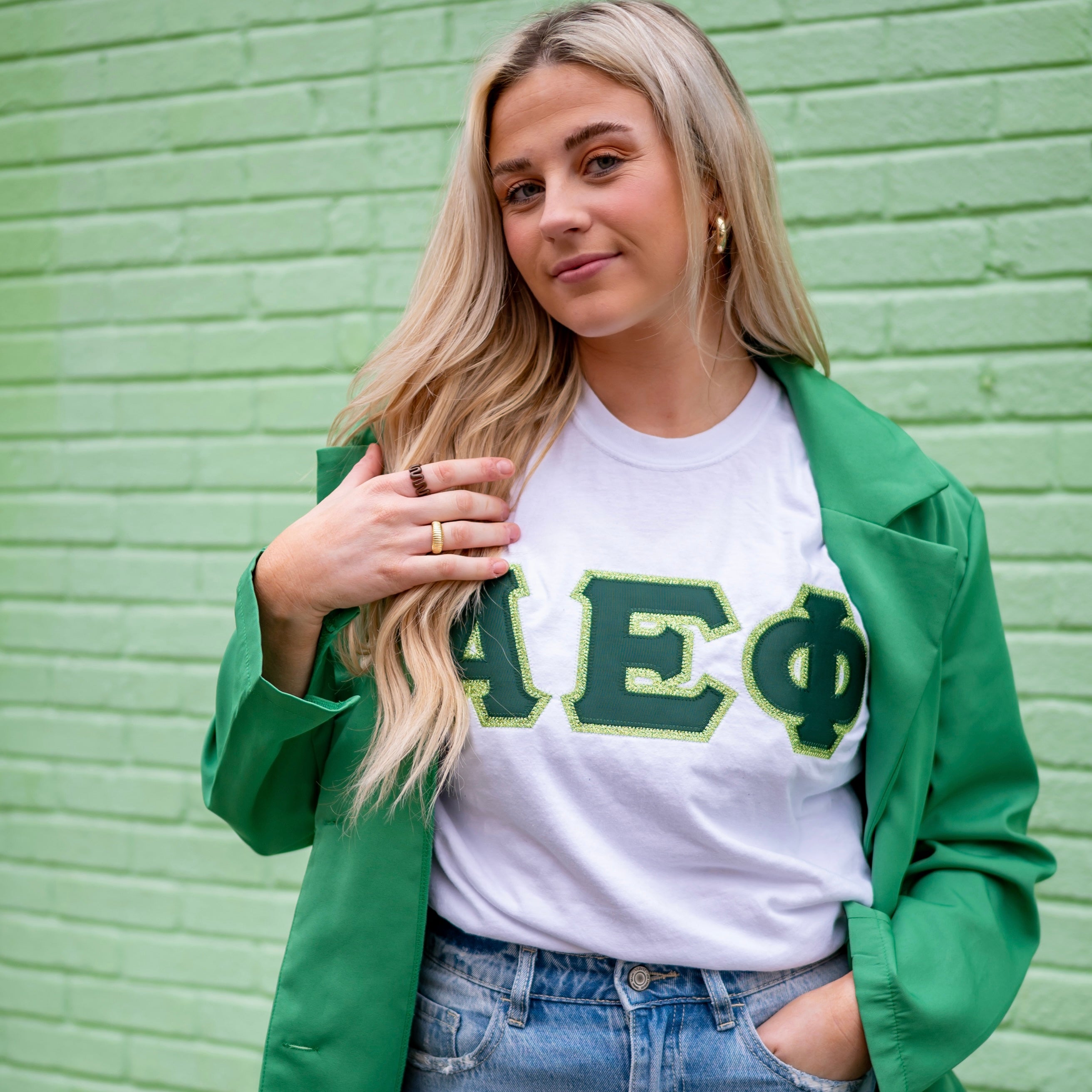 Custom Stitched Alpha Epsilon Phi Sorority Greek Letter Crew Neck T-Shirt