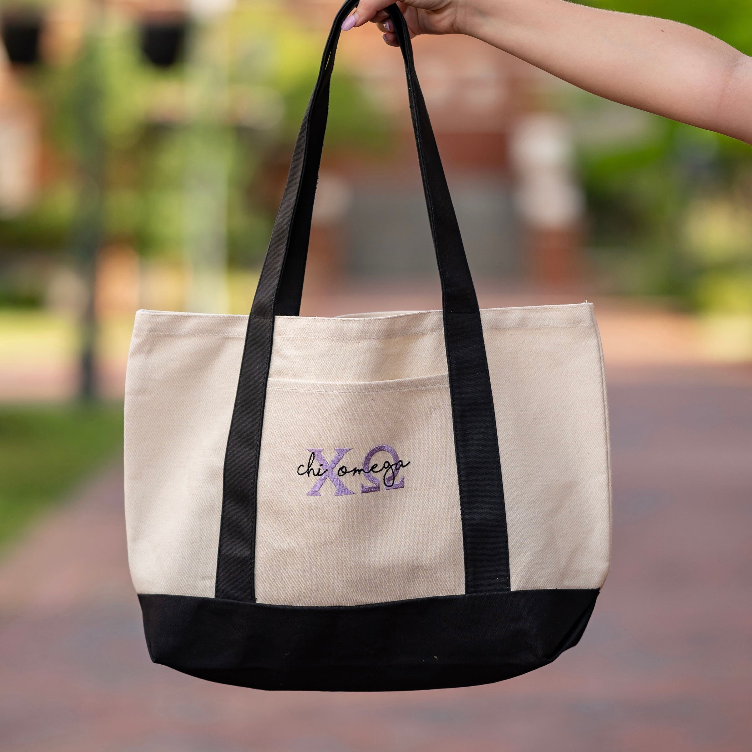Chi Omega Sorority Greek Letter Embroidered Canvas Boat Tote Bag