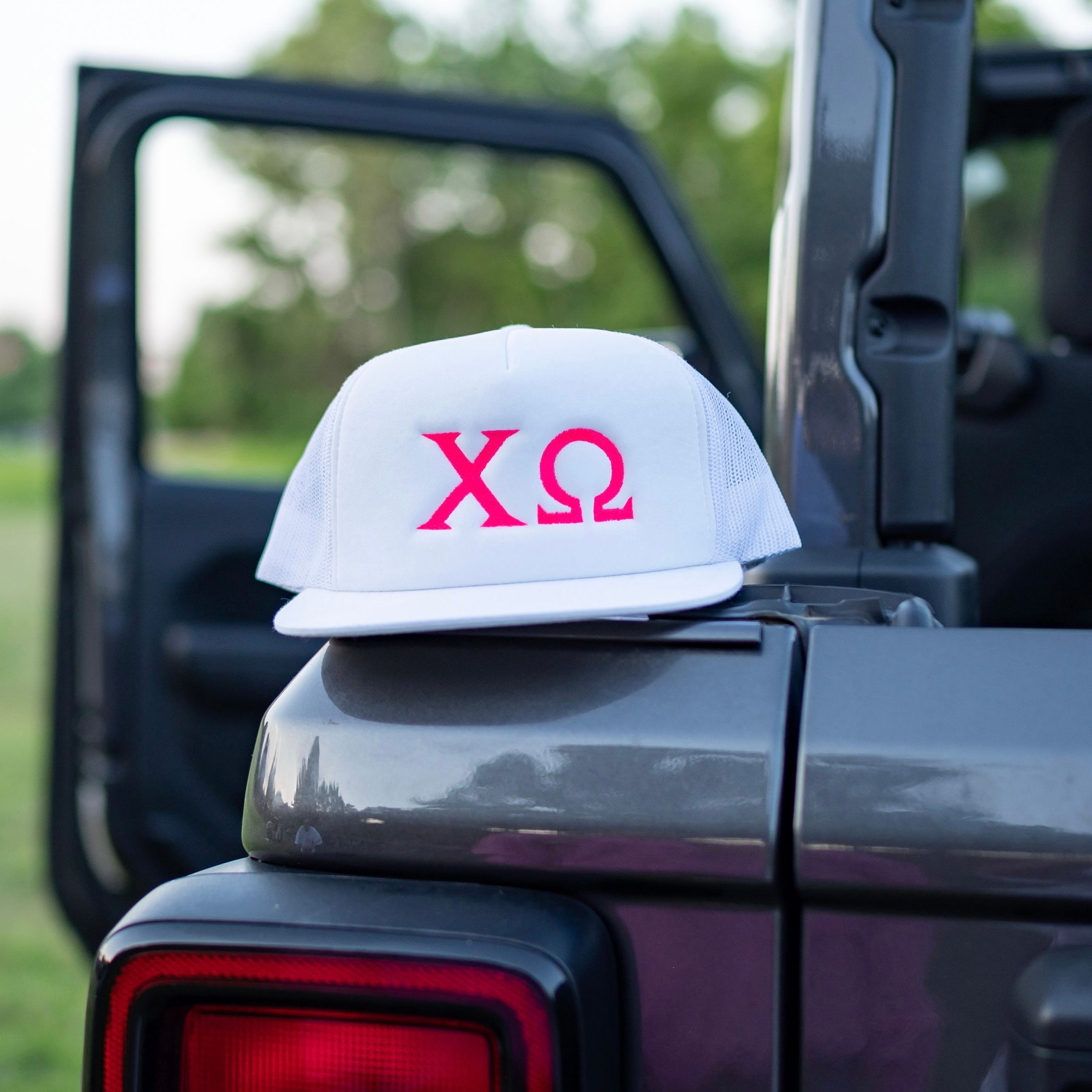 Chi Omega Sorority Greek Letter Embroidered Flat Bill Trucker Hat