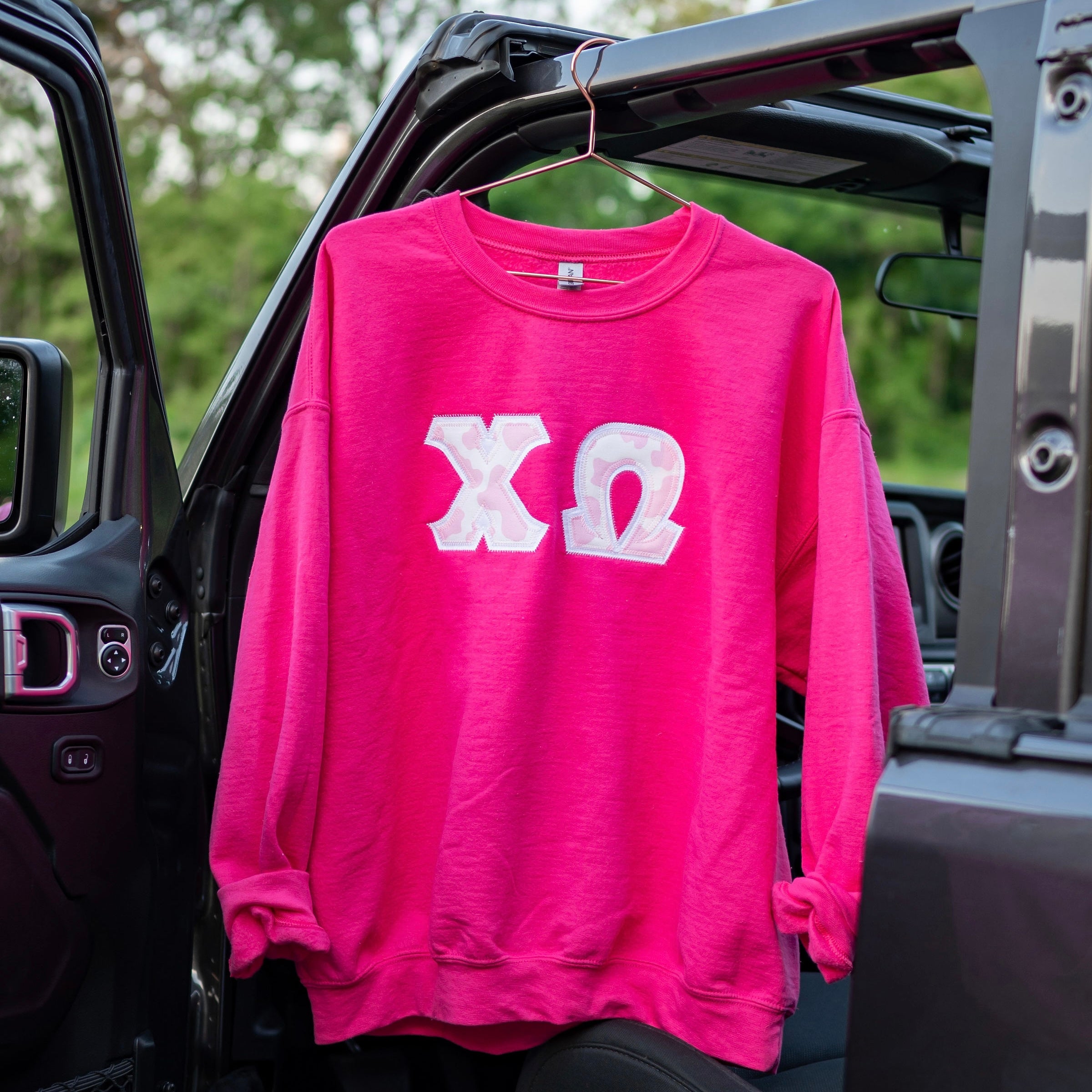 Pink Cow Print Greek Letter Crewneck Sweatshirt