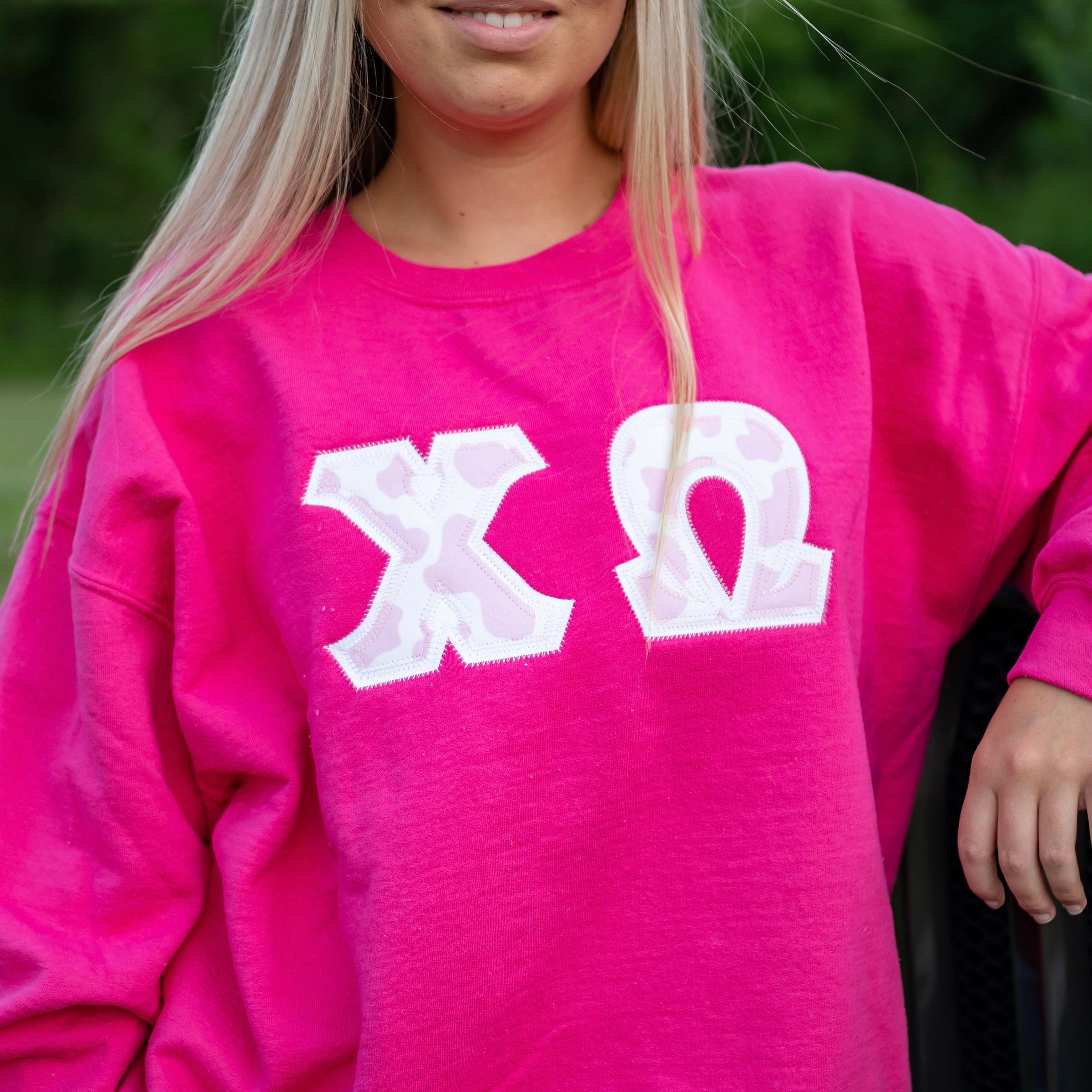 Pink Cow Print Greek Letter Crewneck Sweatshirt