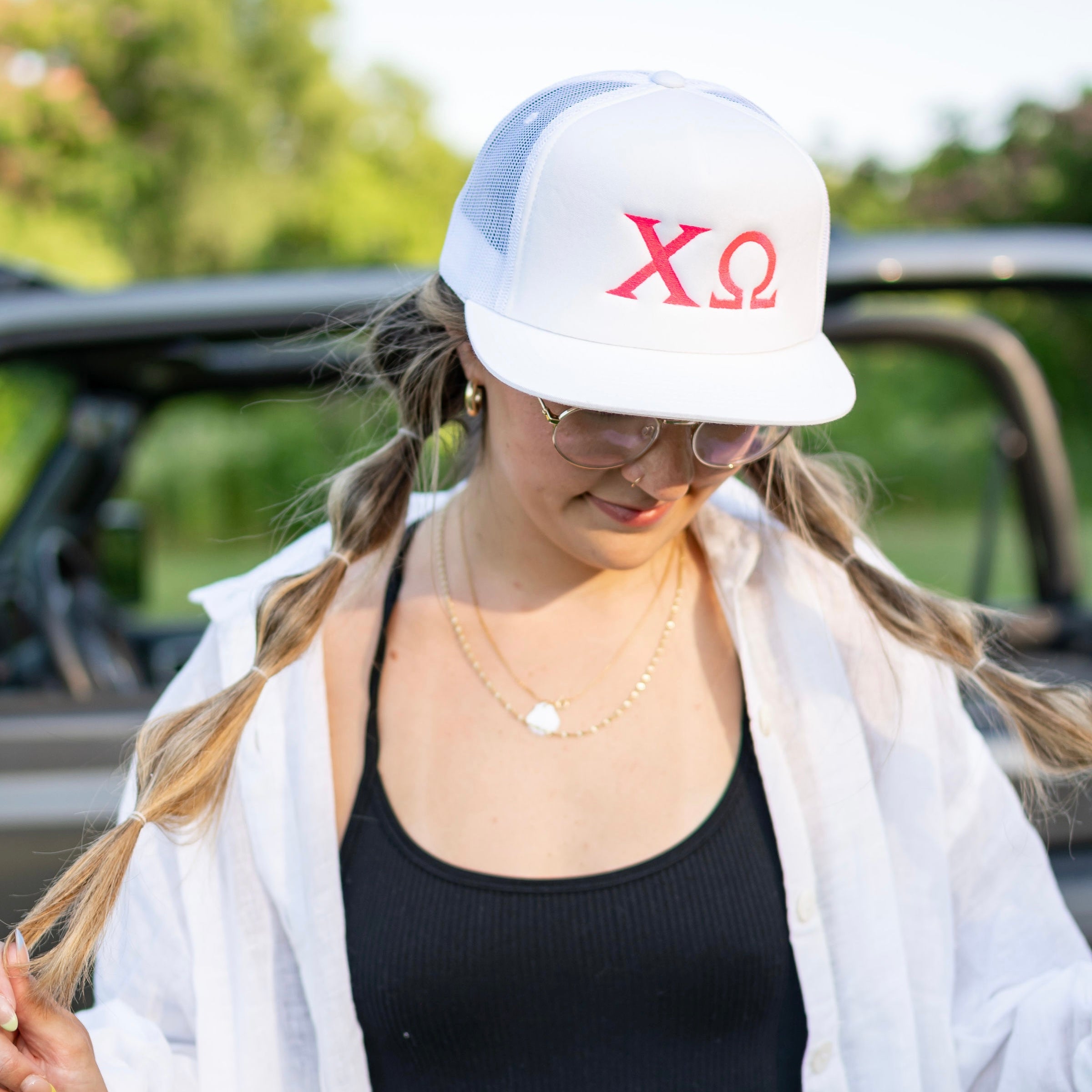 Chi Omega Sorority Greek Letter Embroidered Flat Bill Trucker Hat