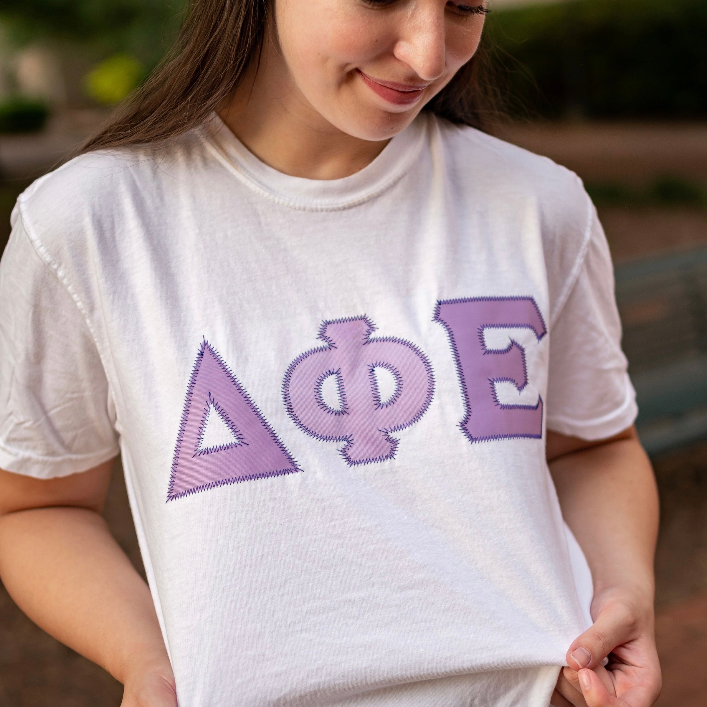 Custom Stitched Delta Phi Epsilon Sorority Greek Letter Shirt